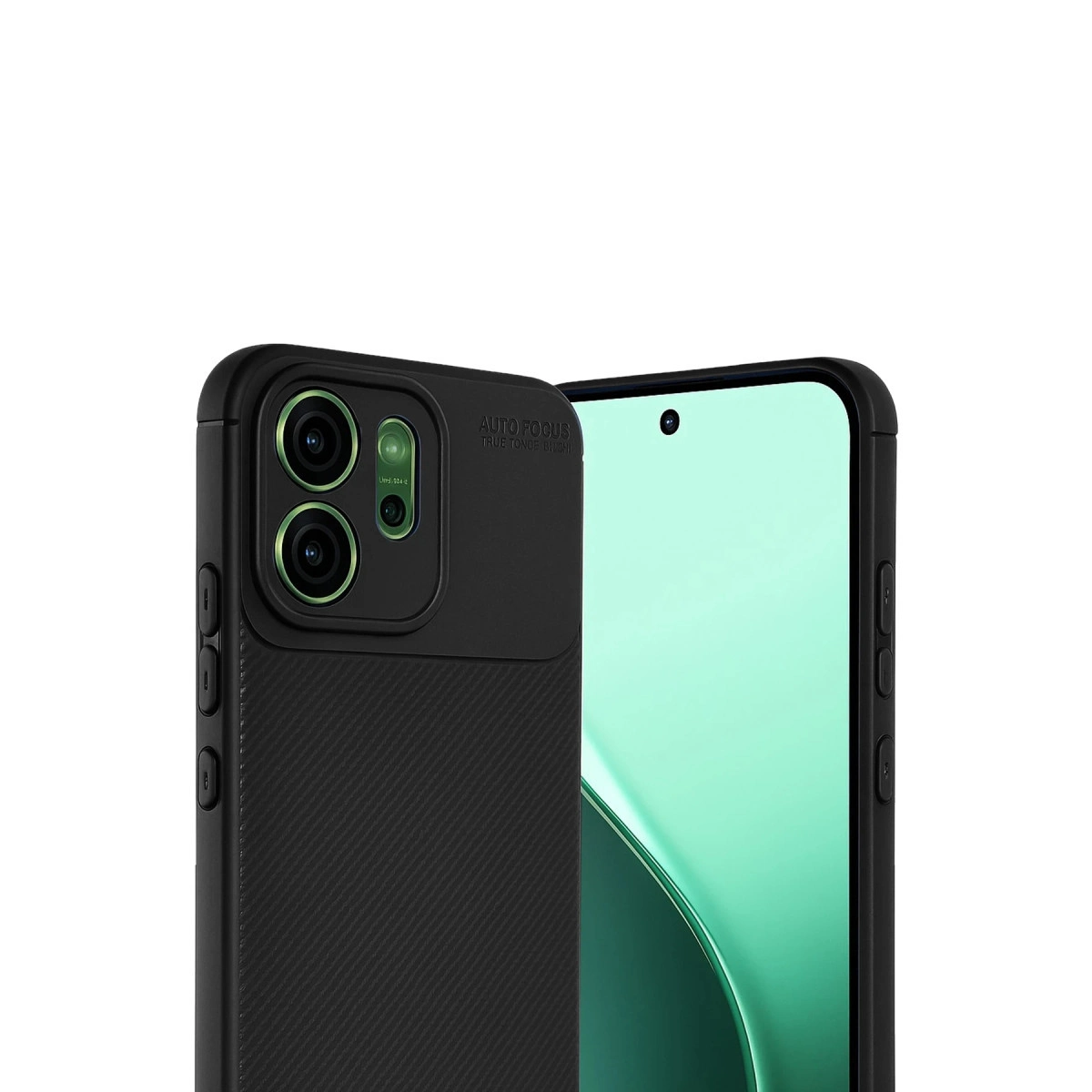 Üçlü kamera lensli siyah telefon kılıfı, nane yeşili akıllı telefon ekranının yanında.
