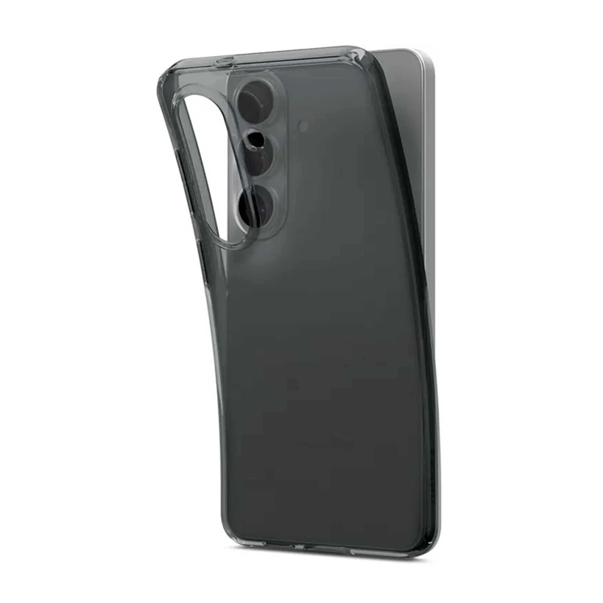 Une coque de téléphone transparente foncée posée sur l'arrière d'un smartphone.