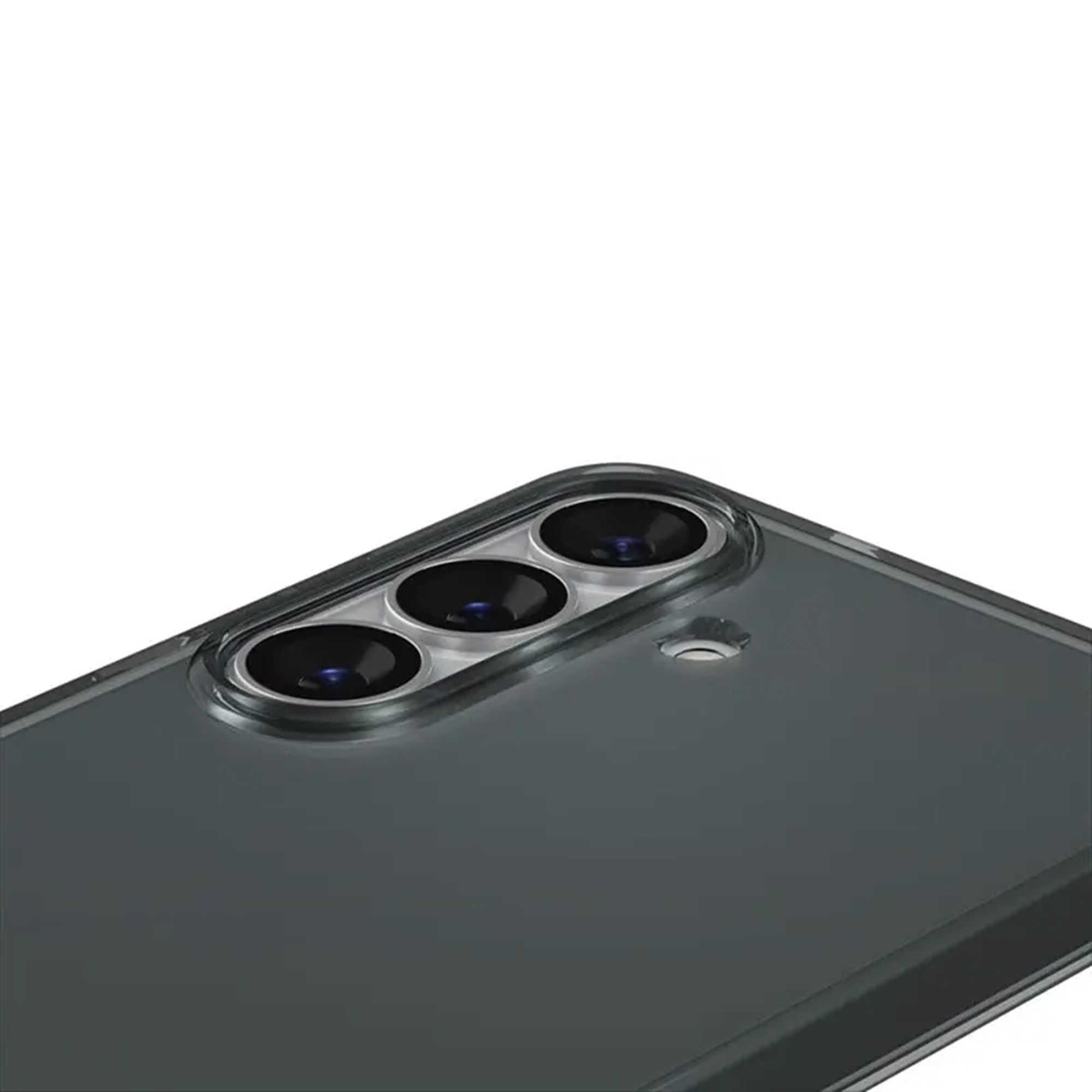 Gros plan du dos d'un smartphone avec trois objectifs photo dans un cadre argenté.