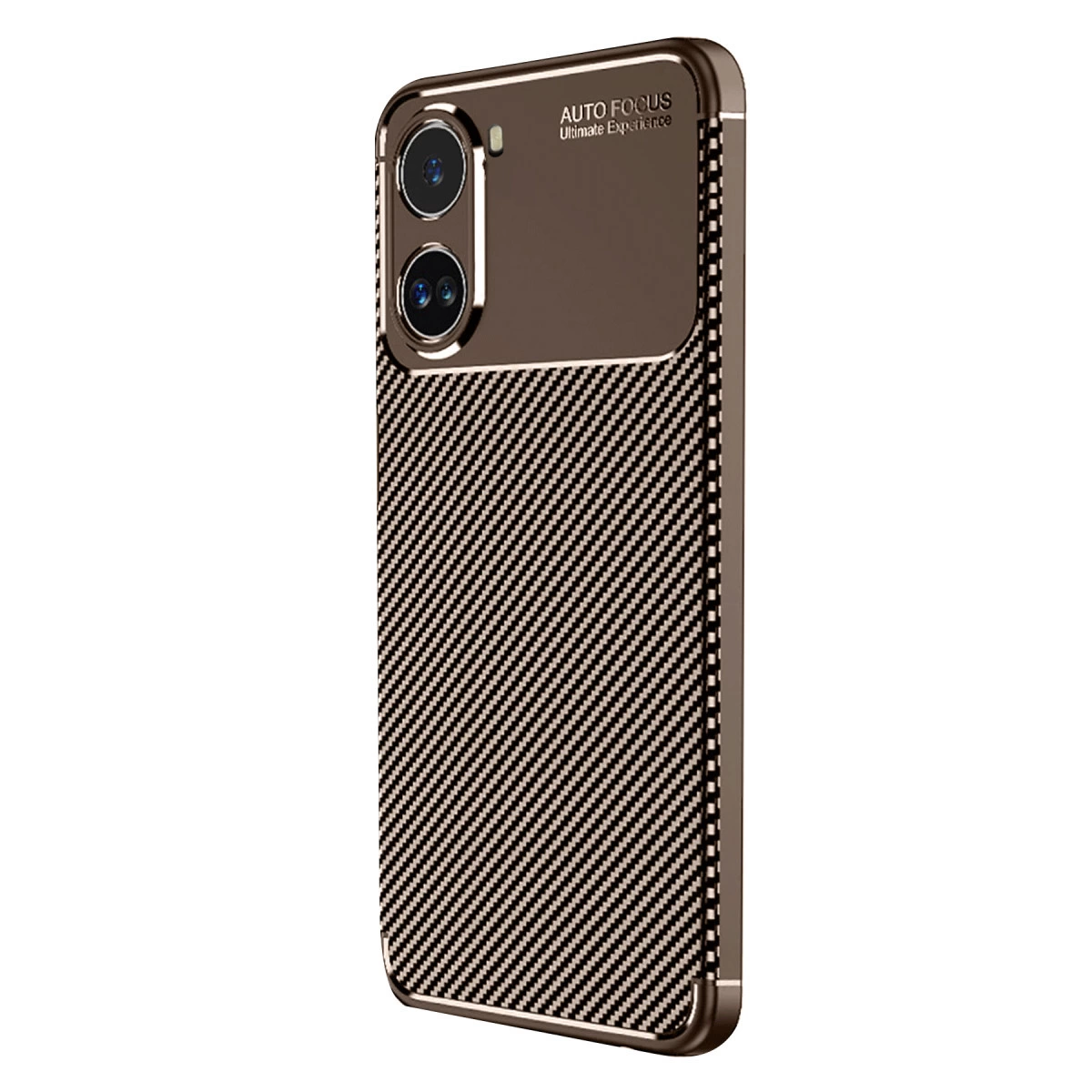 Karbon fiber desenli ve üç kamera lensli kahverengi telefon kılıfı.