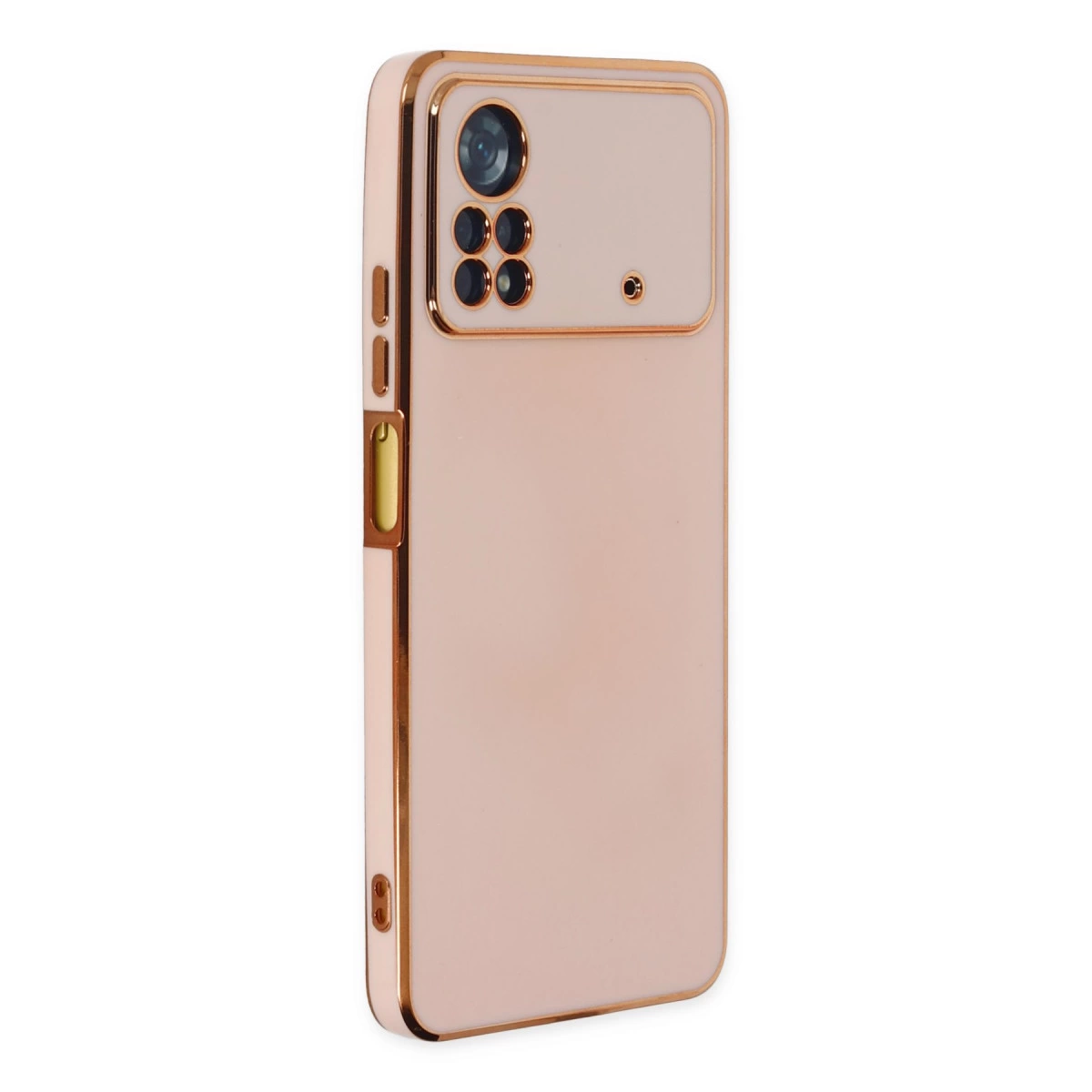 Altın çerçeveli ve kamera modüllü, gül altın rengi telefon kılıfı.