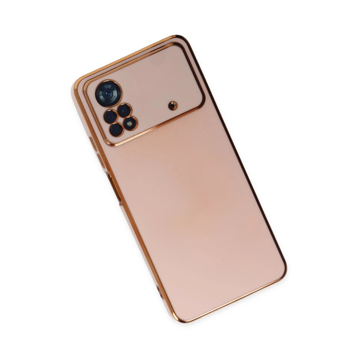 Tek flaşlı dört arka kameraya sahip, gül altın rengi bir akıllı telefon.