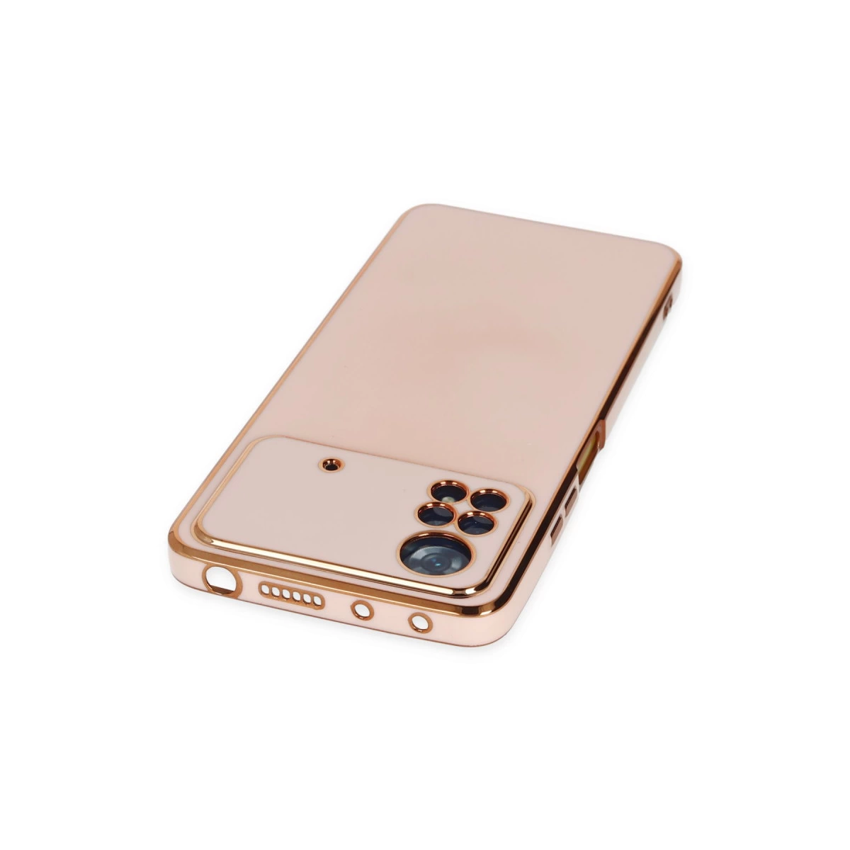 Kamera kesimli ve hoparlör delikli, roze altın rengi telefon kılıfı.