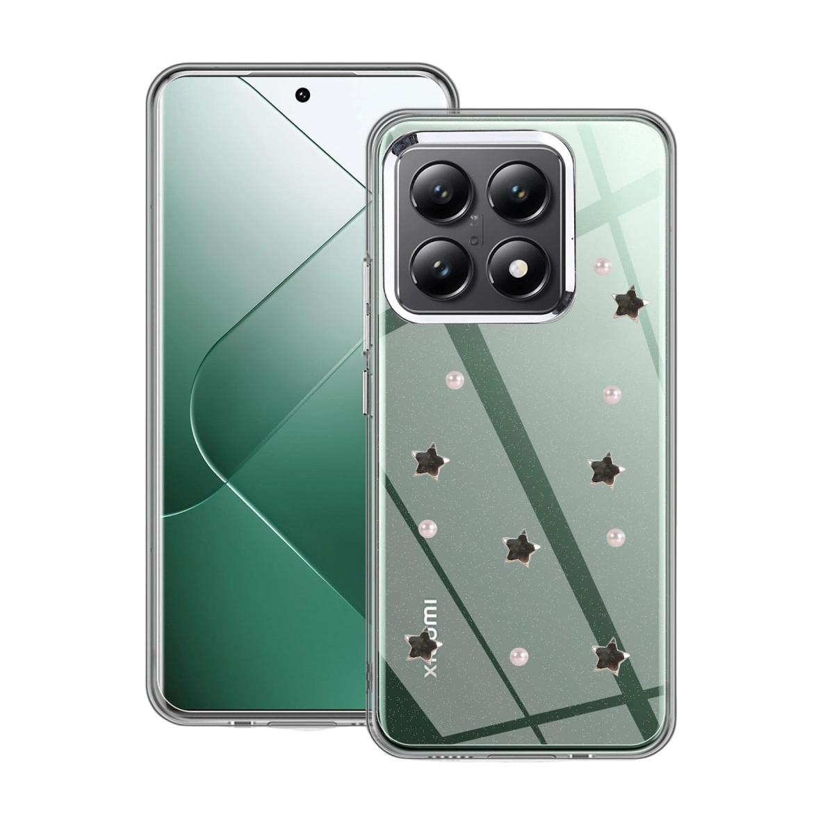 Telefon üzerinde yıldız ve inciler bulunan şeffaf kılıf.