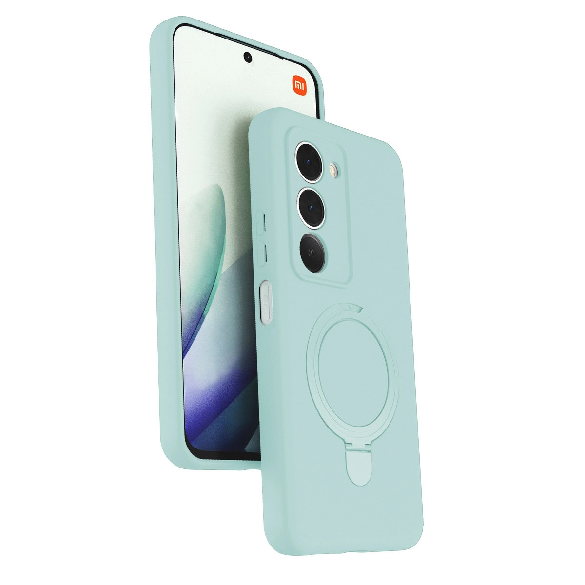 Halka tutuculu ve üç kamera lensli açık mavi telefon kılıfı.