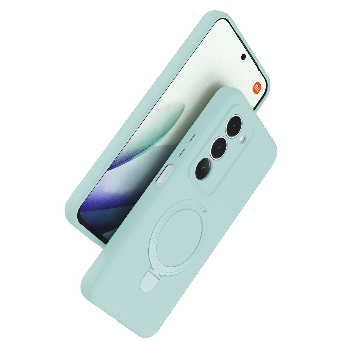Halka tutuculu ve kamera kesimli açık mavi telefon kılıfı, beyaz zeminde.
