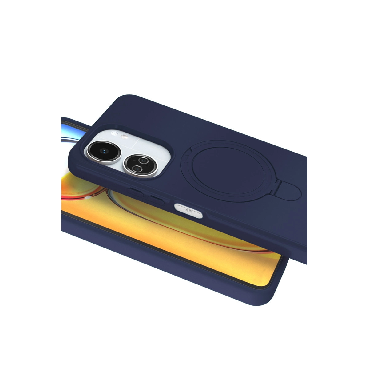 Sarı ekranlı bir telefonda halka tutuculu lacivert telefon kılıfı.