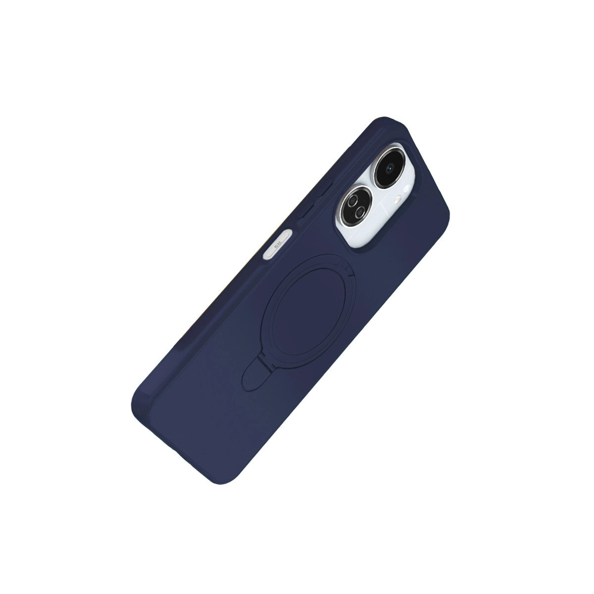 Halka tutuculu ve çift kamera kesimli lacivert telefon kılıfı.