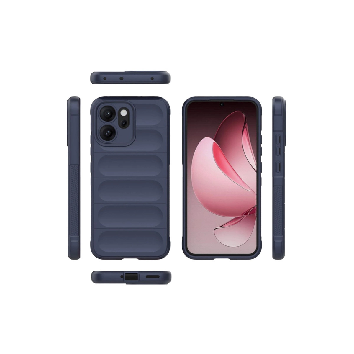 Kapitone desenli lacivert telefon kılıfı, tüm açılardan gösteriliyor.