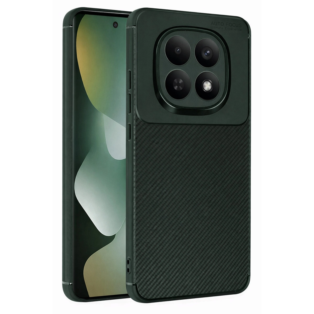 Karbon fiber dokulu, dört kameralı koyu yeşil telefon kılıfı.