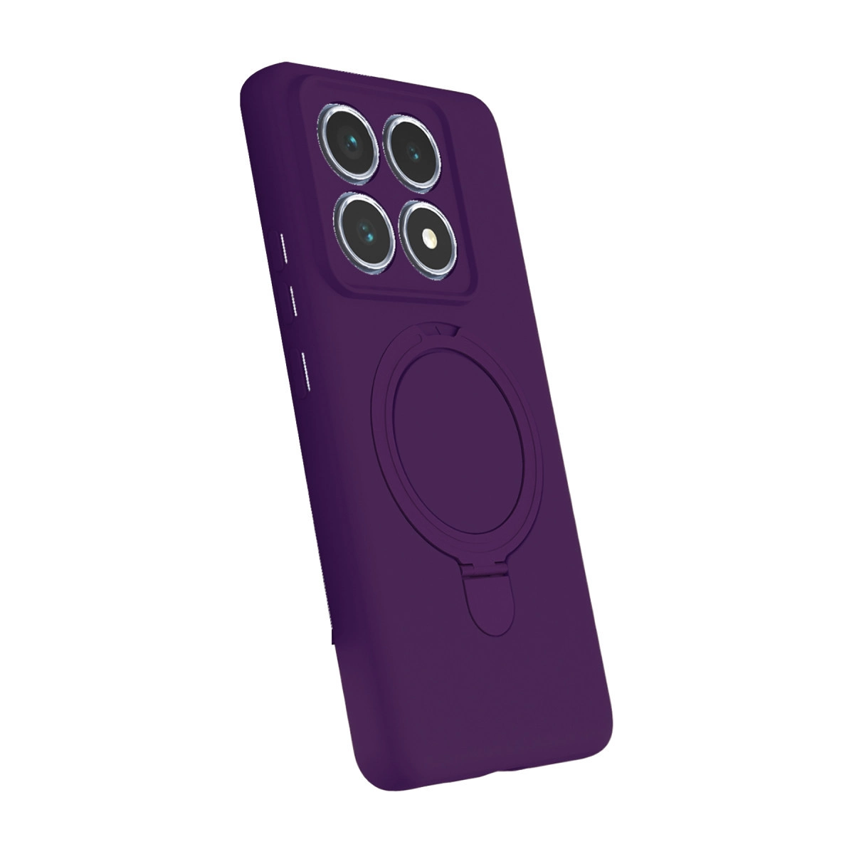 Dört kameralı ve halka tutuculu mor telefon kılıfı, beyaz arka plan üzerinde.