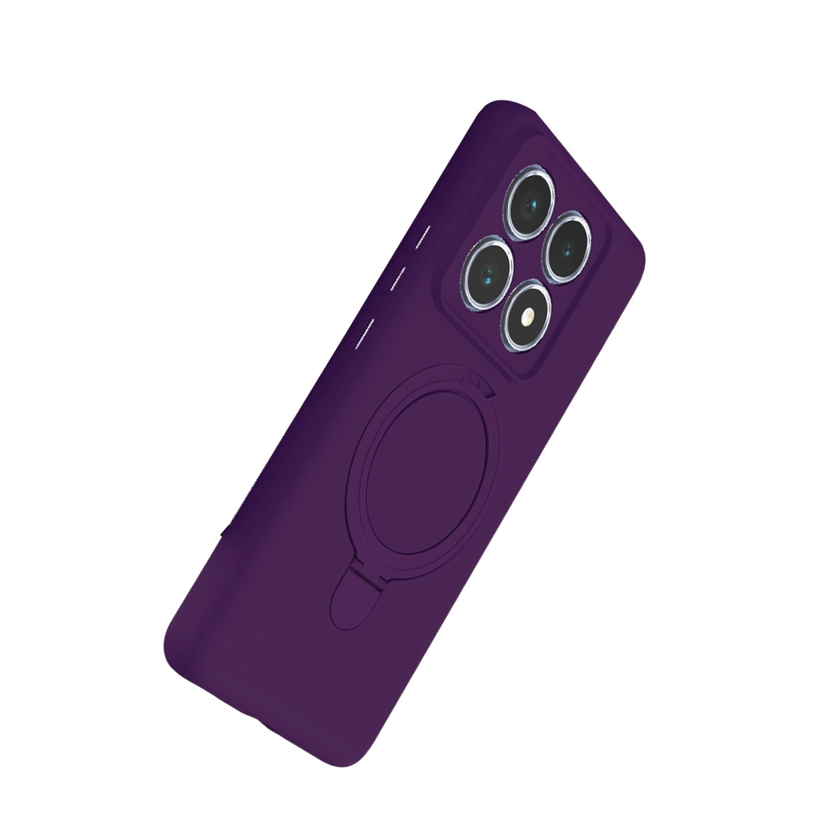 Dörtlü kamera ve halka tutuculu mor telefon kılıfı, beyaz arka plan.