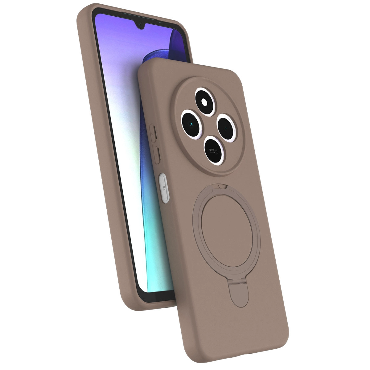 Kameralı ve halka tutuculu kahverengi telefon kılıfı.