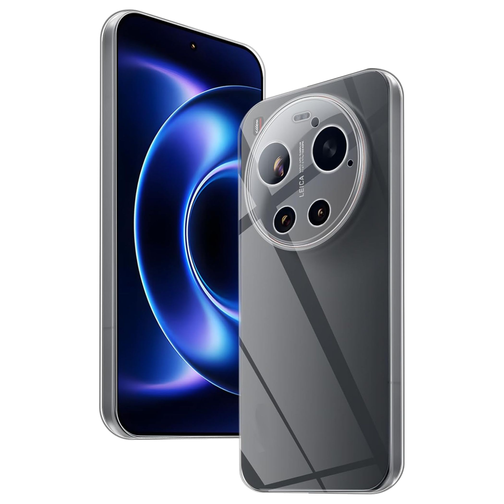Graues Smartphone mit Leica-Kamera und blauem Bildschirmhintergrund.