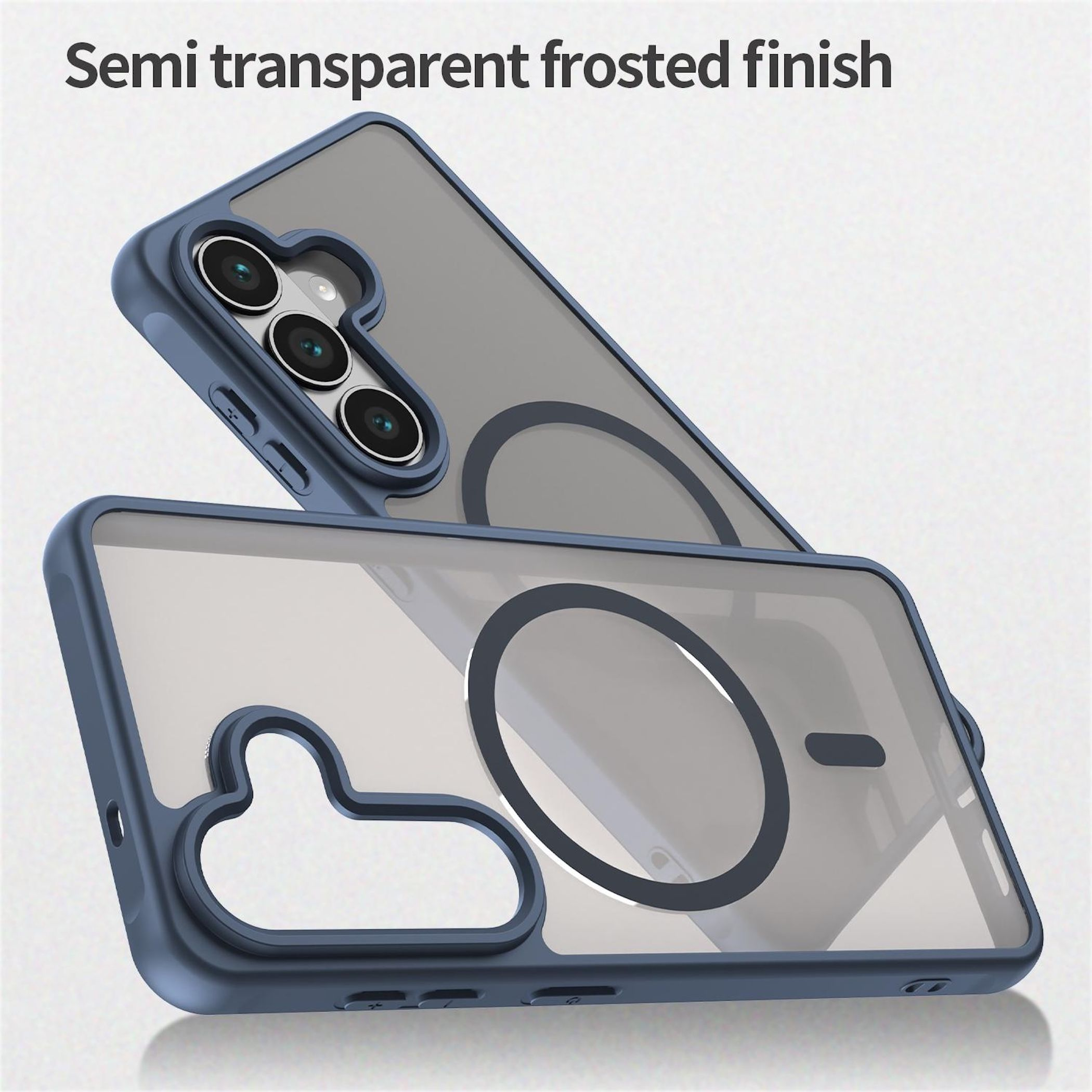 Funda de teléfono transparente con bordes azules y recorte de cámara.