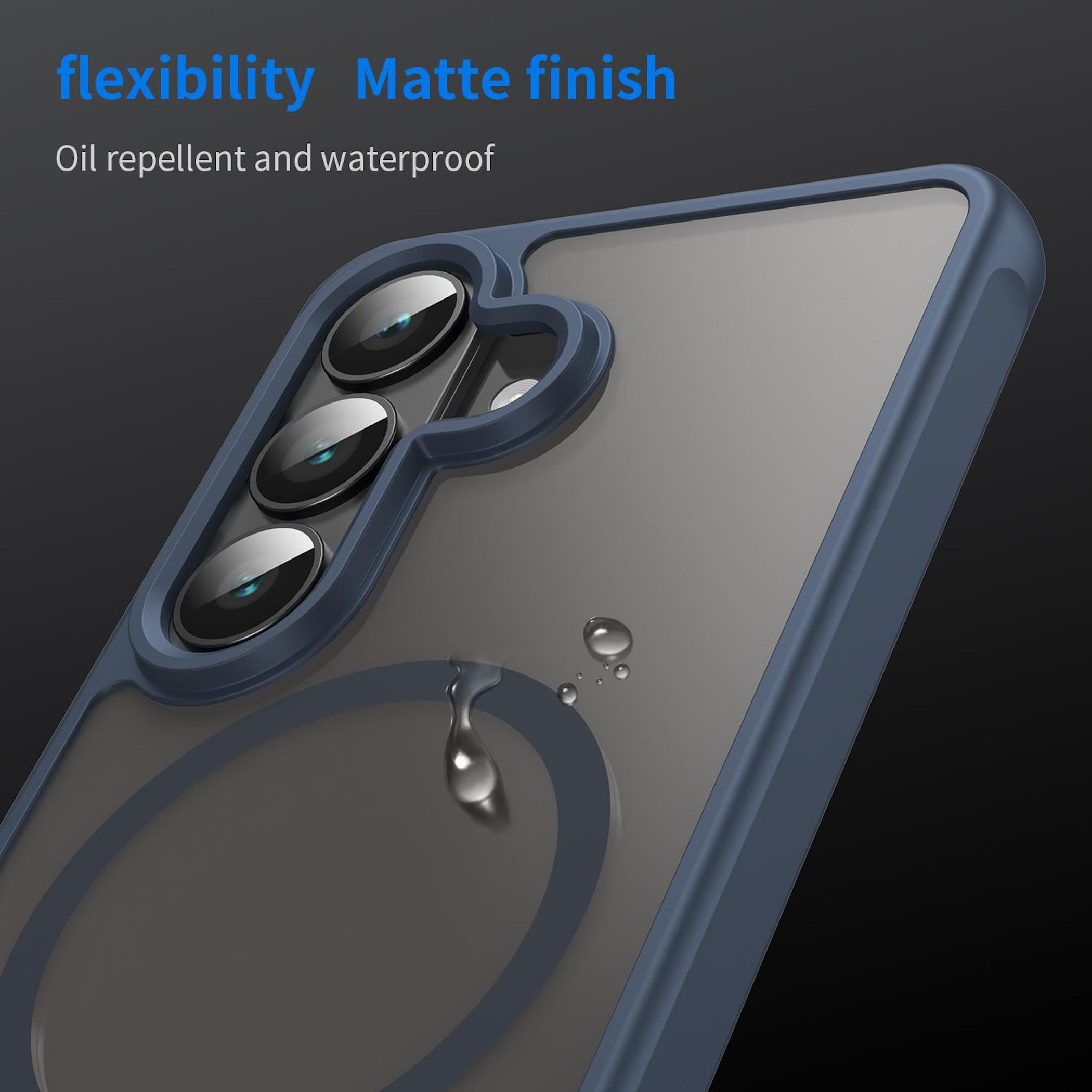 Funda de teléfono azul con acabado mate, muestra lentes de cámara y gotas de agua.