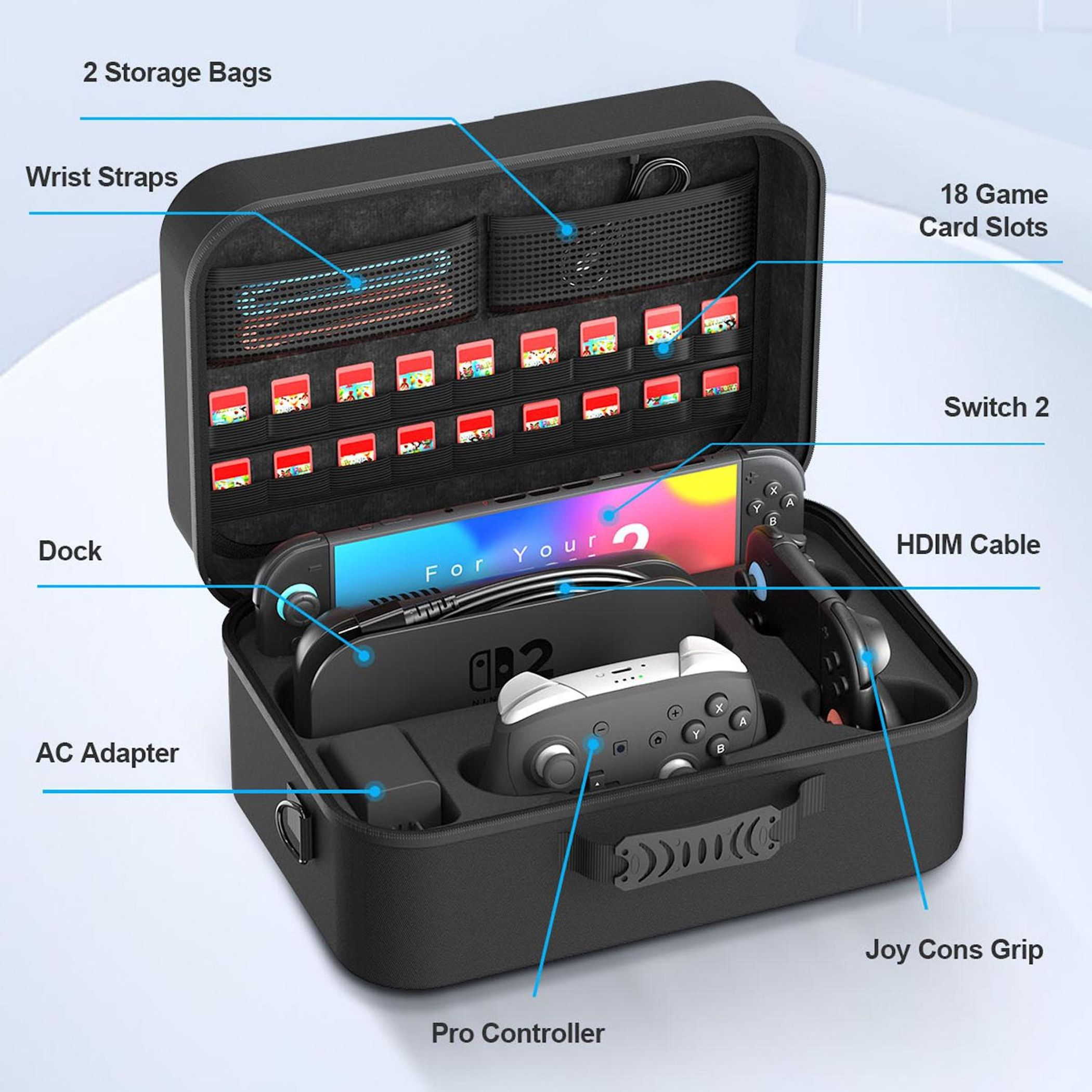 Schwarze Tasche mit Nintendo Switch, Controller, Spielen und Zubehör