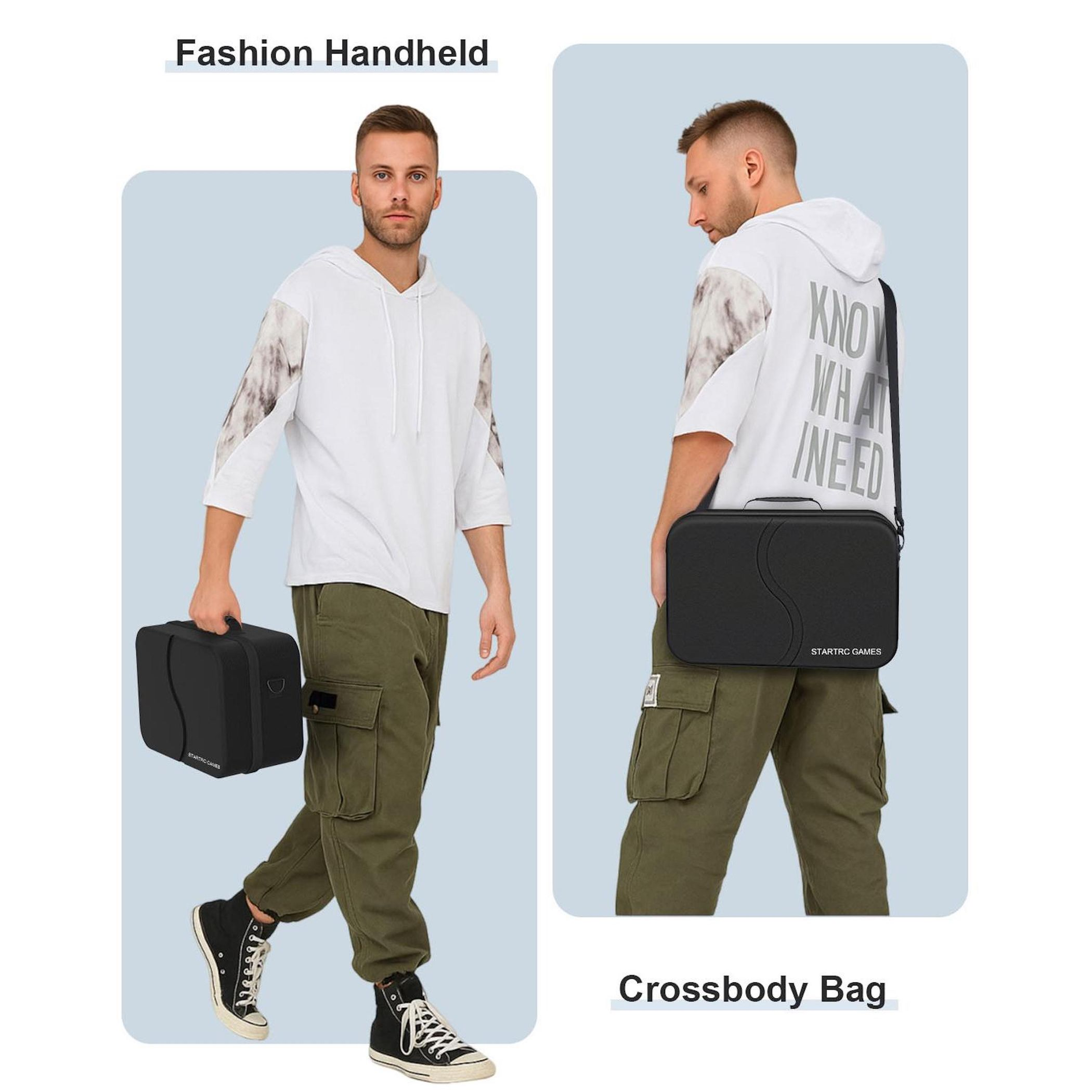Mann mit weißem Hoodie und Cargohose trägt eine schwarze Tasche.