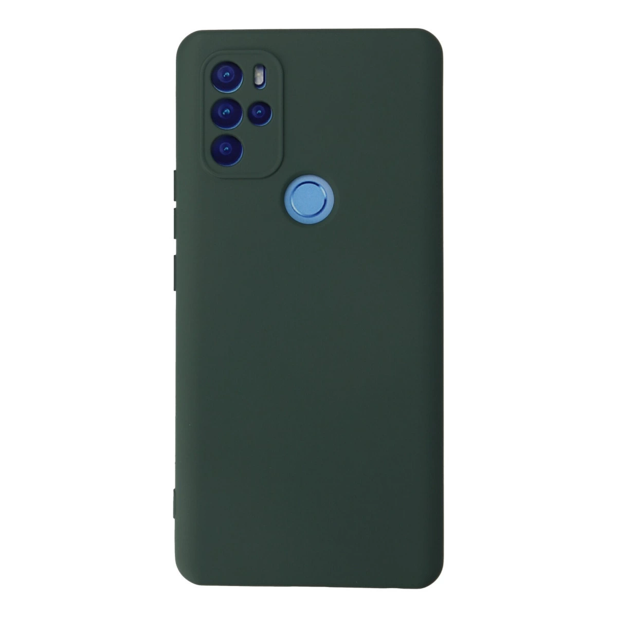 Kamera adası ve mavi parmak izi sensörlü koyu yeşil telefon kılıfı.