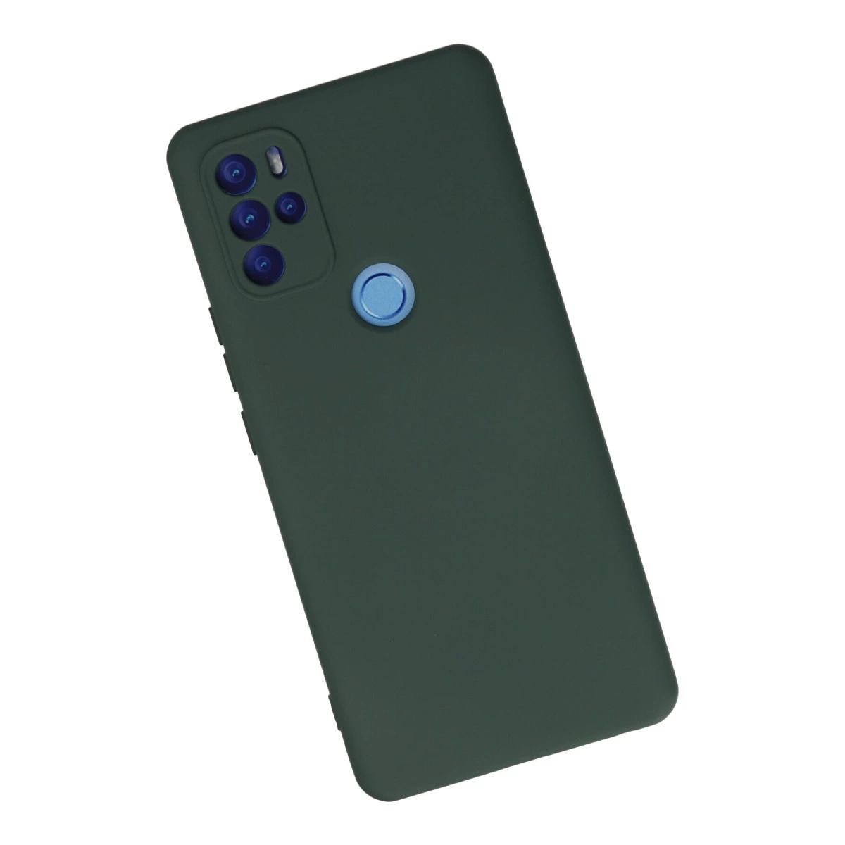 Dört kameralı, mavi parmak izi sensörlü koyu yeşil telefon.