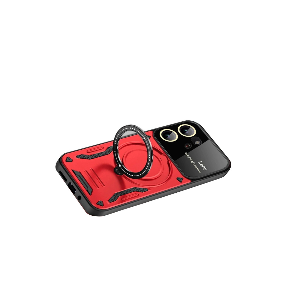 Halka tutuculu ve iki lensli kırmızı telefon kılıfı.