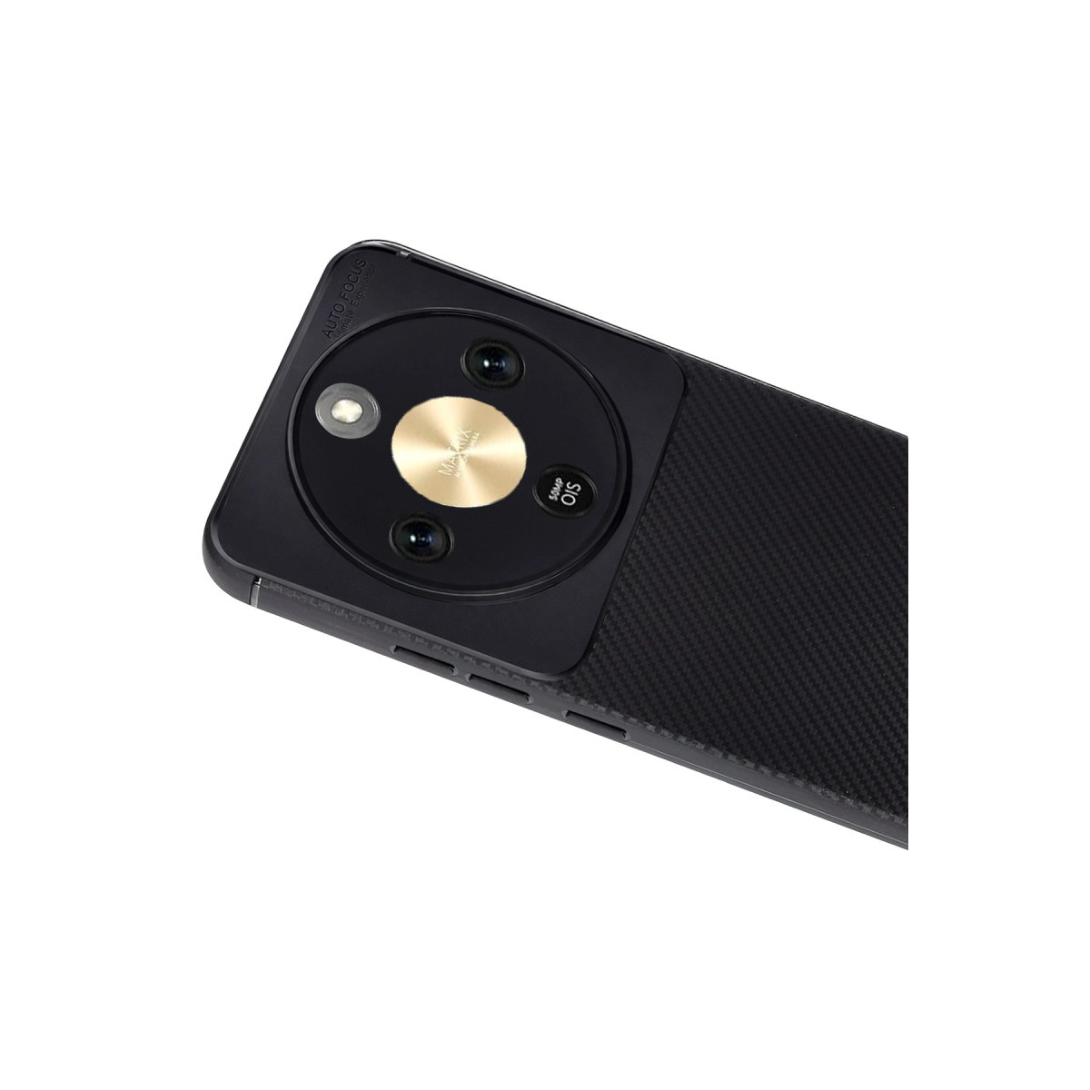 Altın vurgulu, yuvarlak kamera modülüne sahip siyah akıllı telefon.