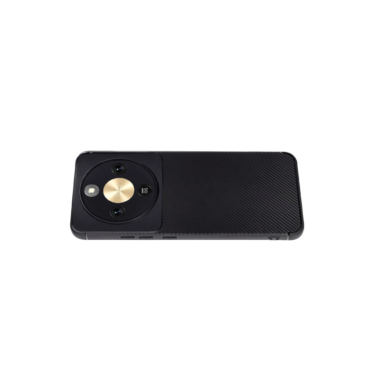 Belirgin kamera modülüne ve karbon fiber dokuya sahip siyah akıllı telefon.