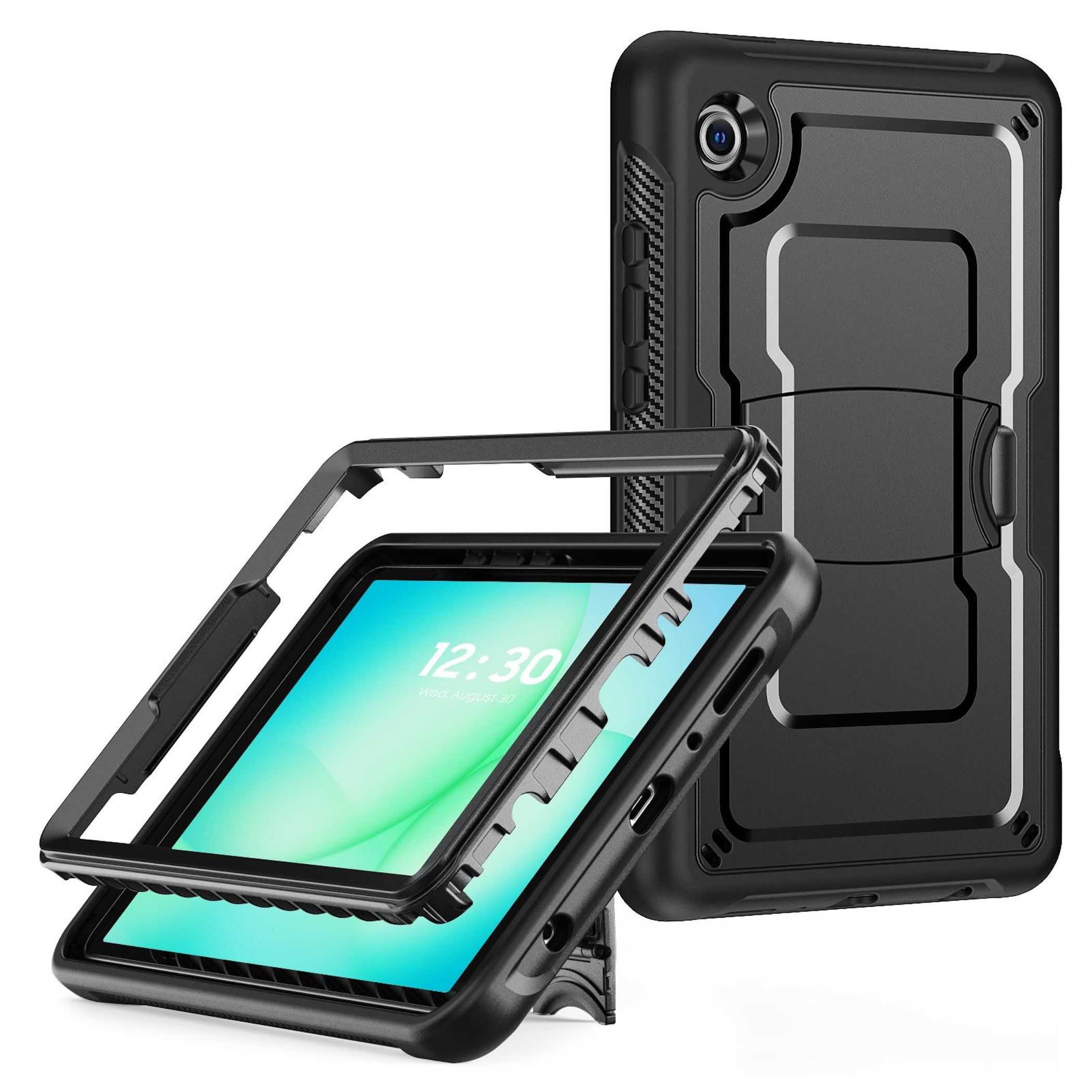 Schwarze Tablet-Hülle mit Ständer, auf weißem Hintergrund.