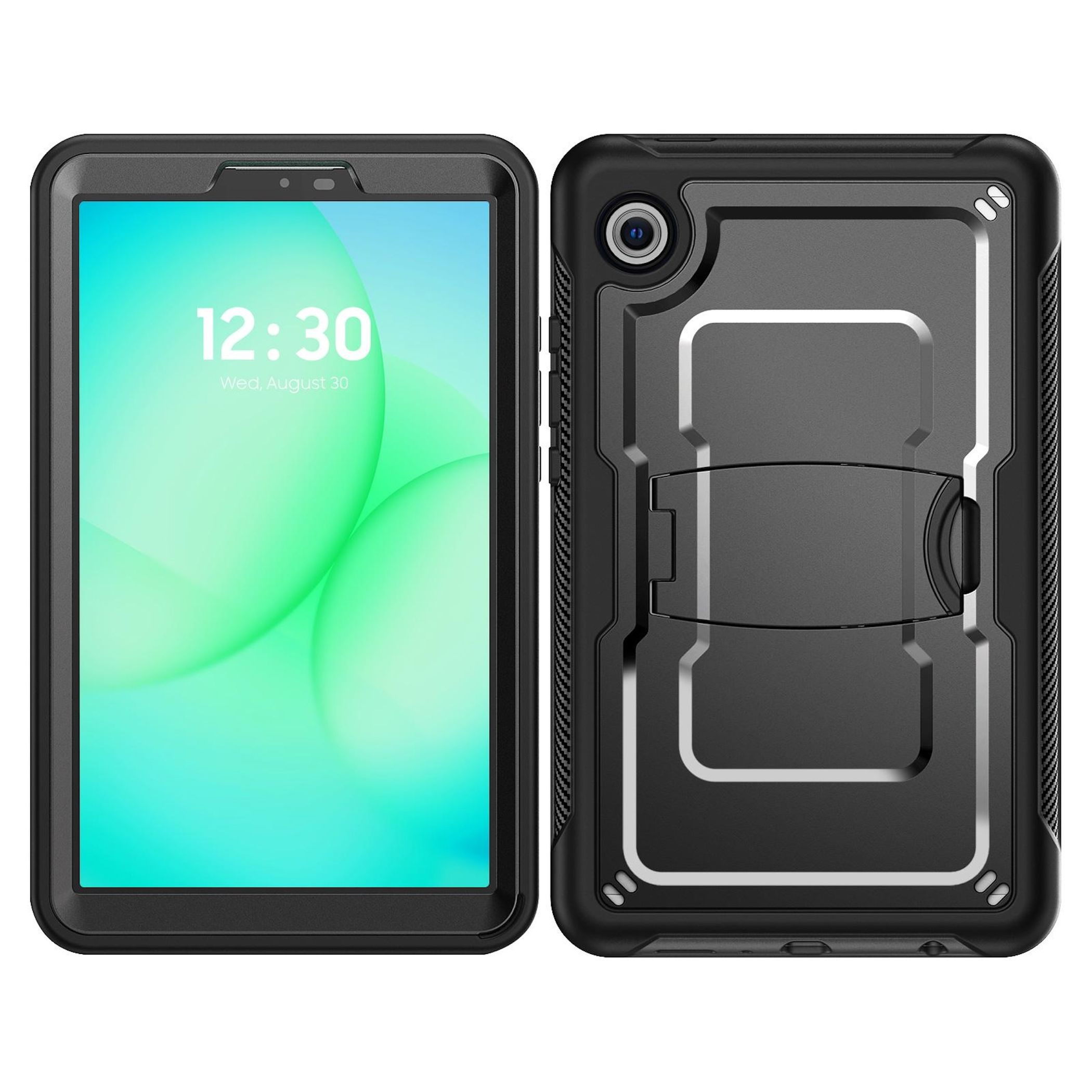 Schwarzes Tablet mit Schutzhülle, Vorder- und Rückseite nebeneinander.