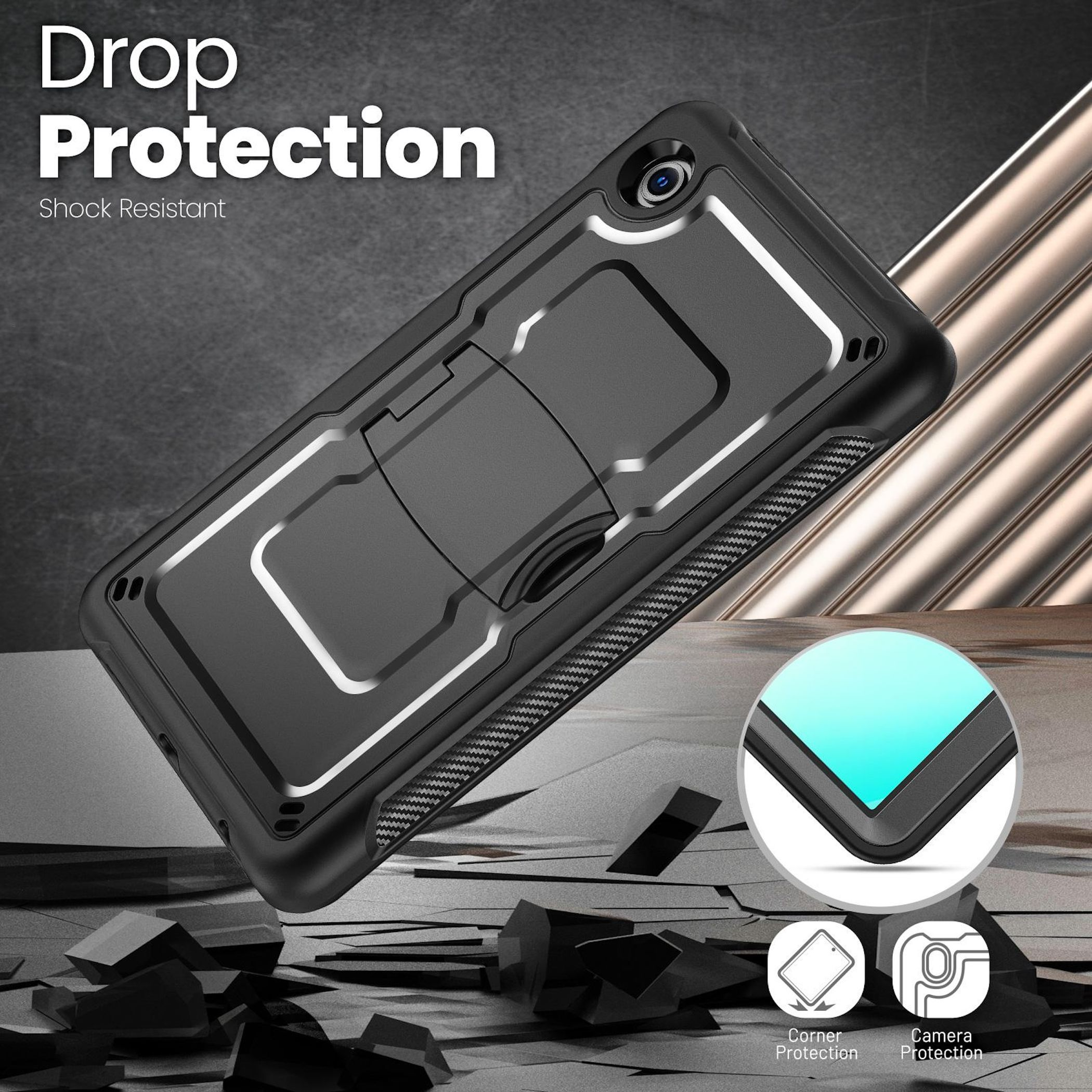 Schwarze Hülle mit "Drop Protection"-Schriftzug, stoßfest.