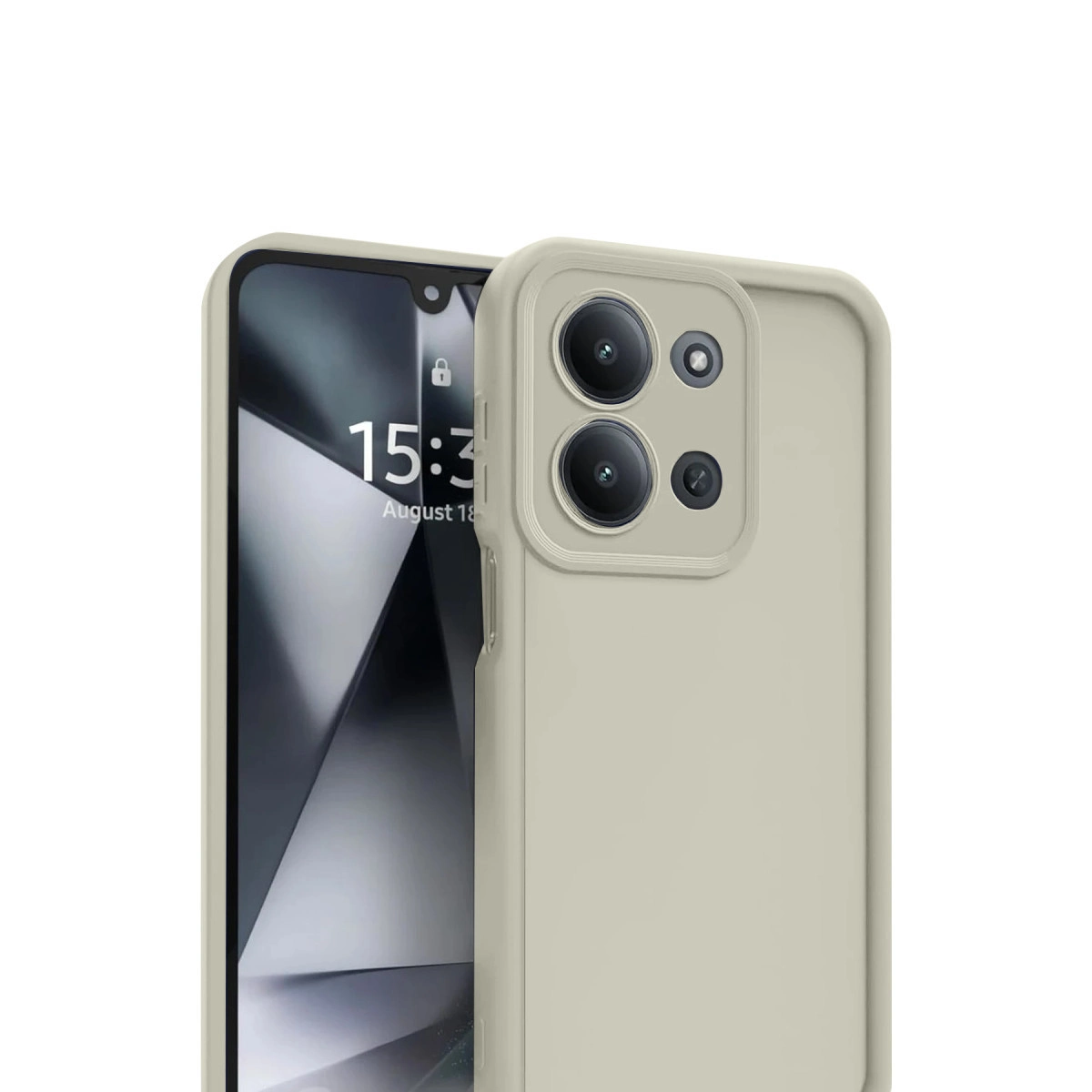 Üç kameralı ve ekranlı açık gri bir telefon.