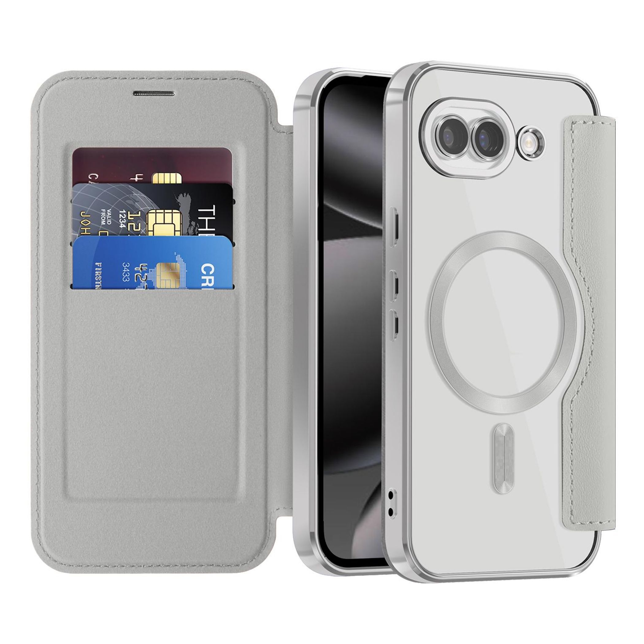 Graues Handy-Flipcase mit zwei Kartenschlitzen und einem transparenten Handy-Rückteil.
