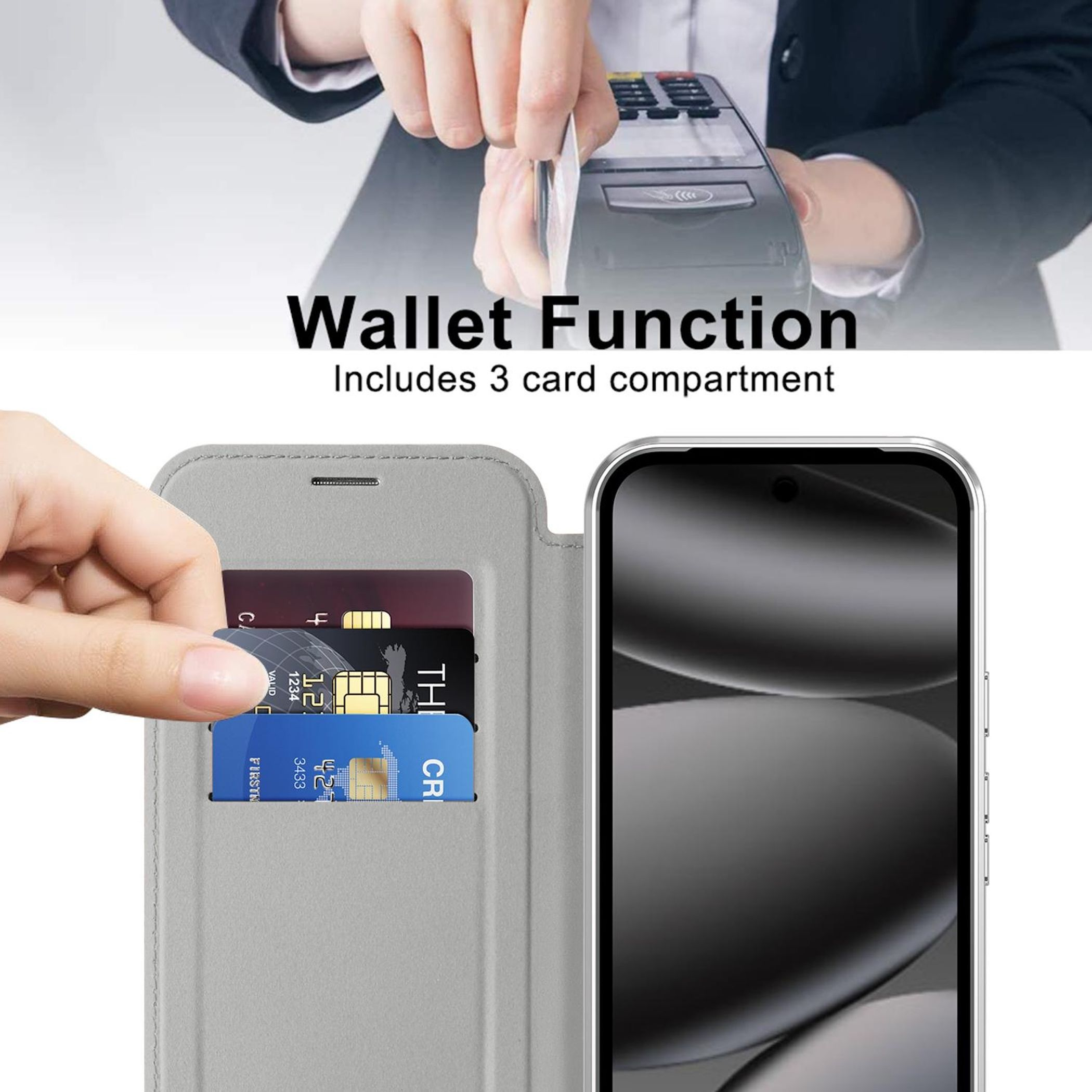 Eine Hand steckt eine Karte in ein Kartenfach einer grauen Handyhülle neben einem Smartphone.