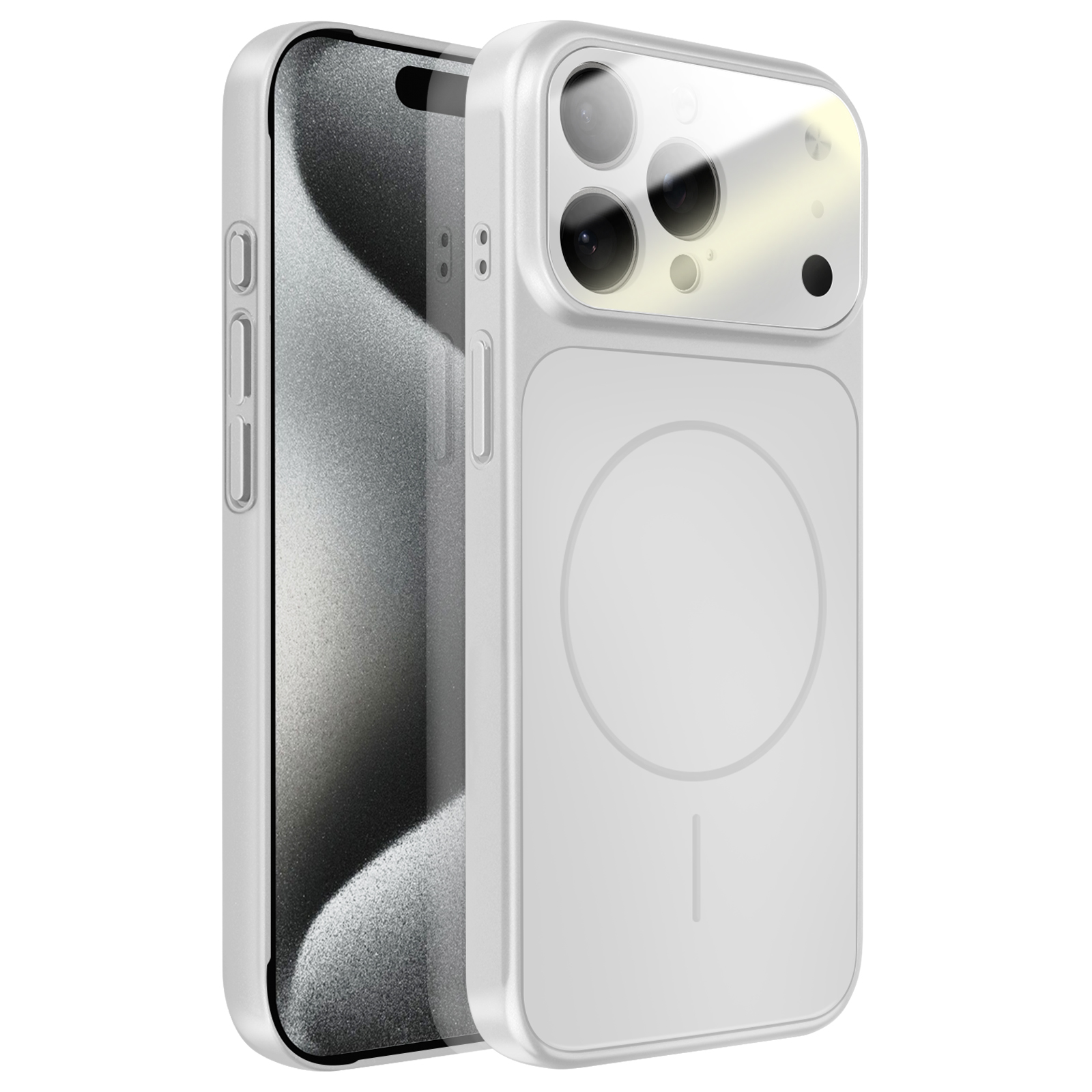 Un iPhone bianco con una custodia trasparente sul retro, che mostra il gruppo fotocamere.
