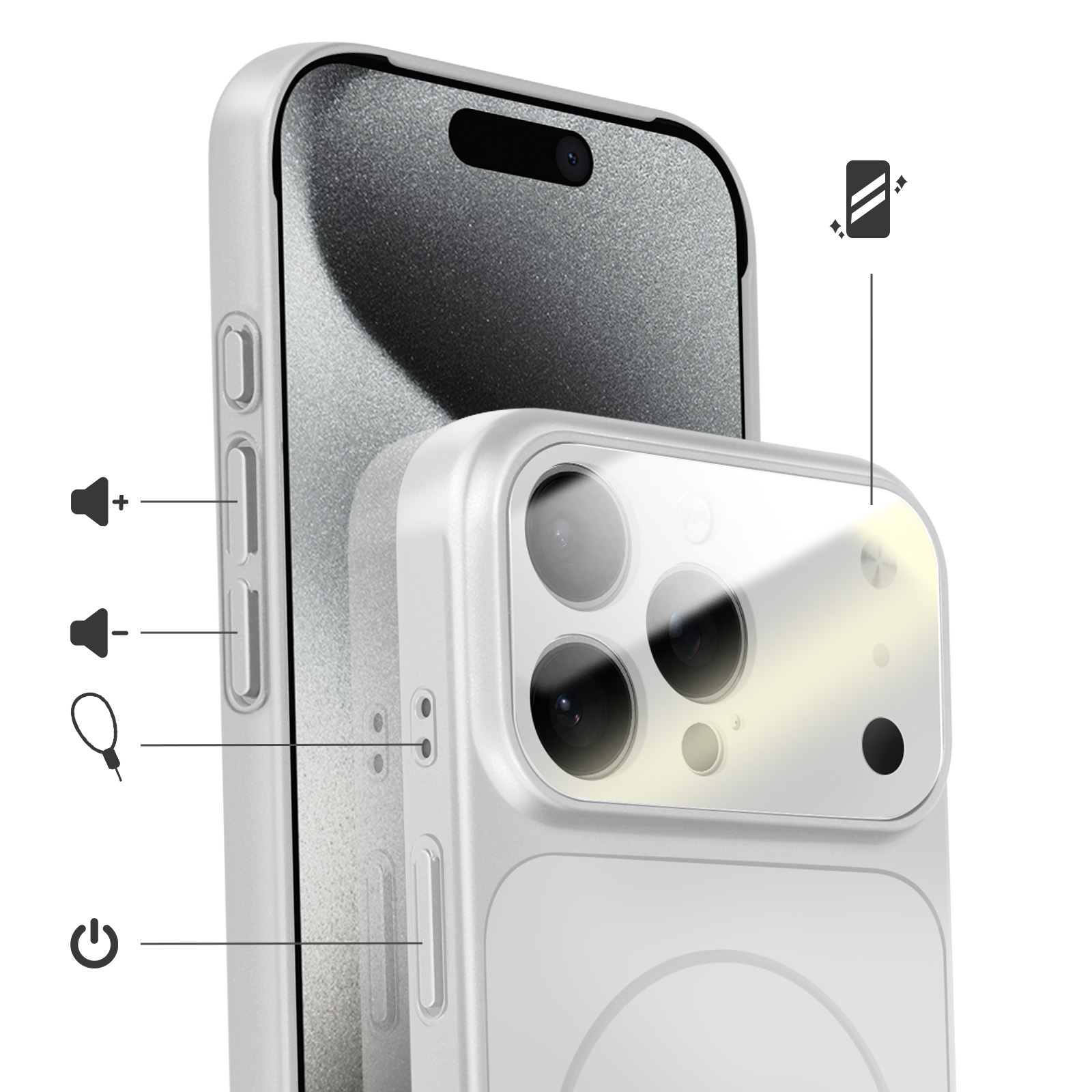 Un telefono bianco con tre fotocamere e icone per volume e accensione.