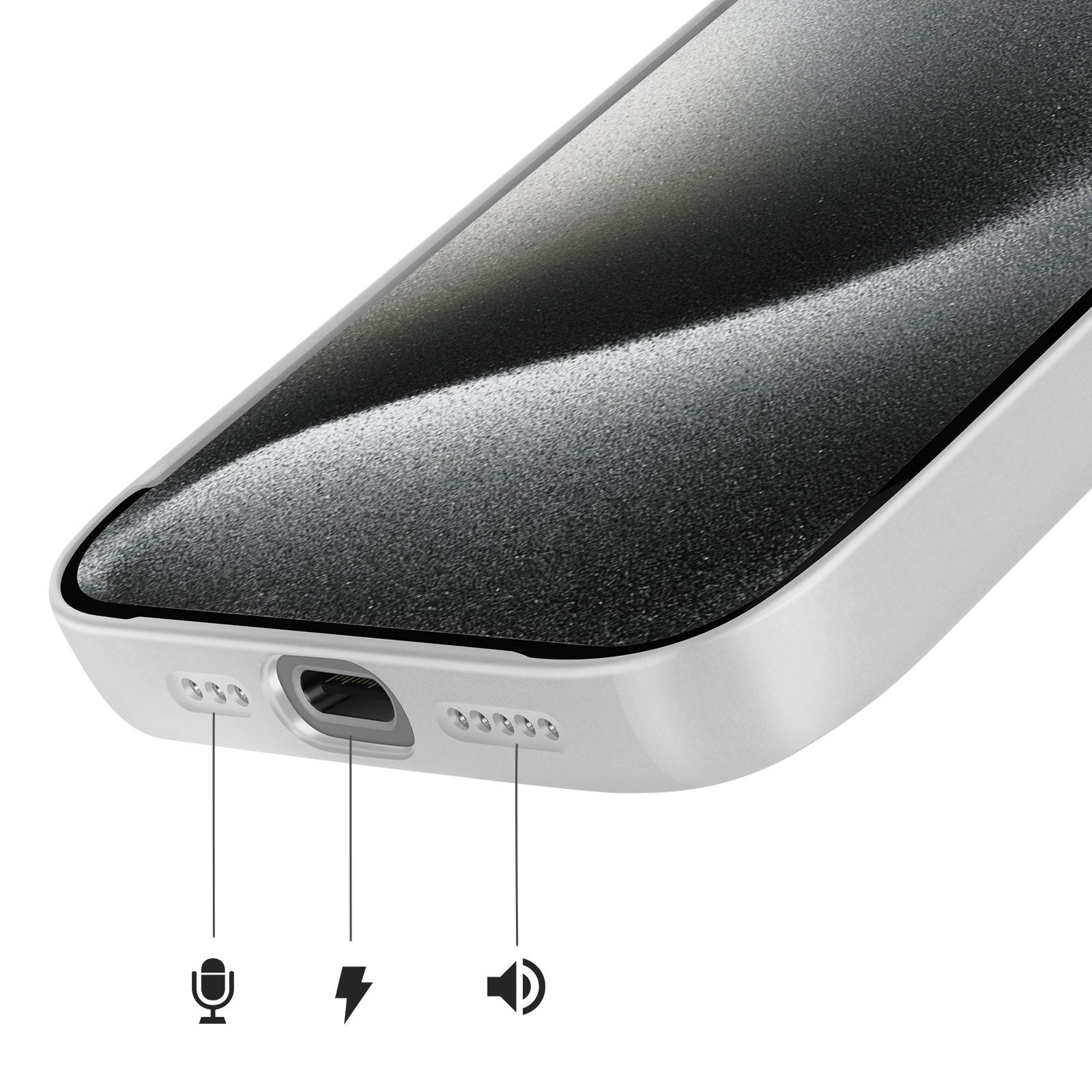 Primo piano del fondo di uno smartphone bianco con porta di ricarica, microfono e griglie altoparlanti.