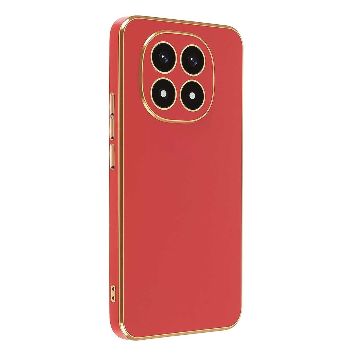 Dört kamera lensli ve altın çerçeveli kırmızı telefon kılıfı. Yan düğmeler görünür.