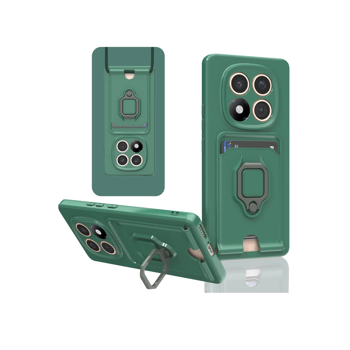 Kart yuvalı, halka tutuculu ve kamera bloklu yeşil telefon kılıfı.