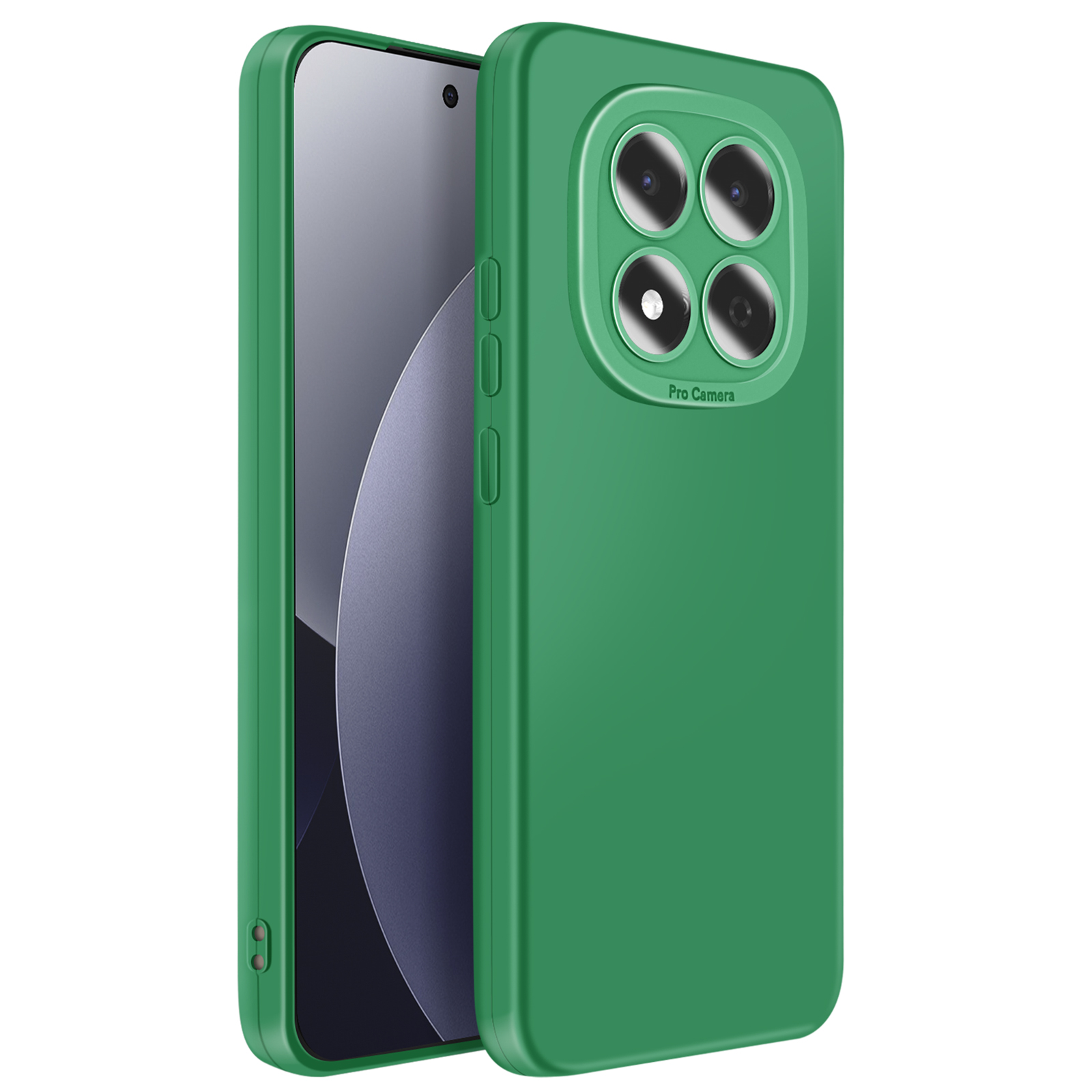 Coque de téléphone verte avec quatre caméras et texte 'Pro Camera'.