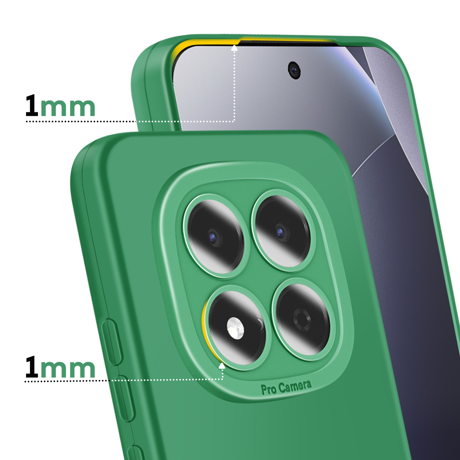 Coque de téléphone verte avec 4 caméras et bord surélevé 1mm.