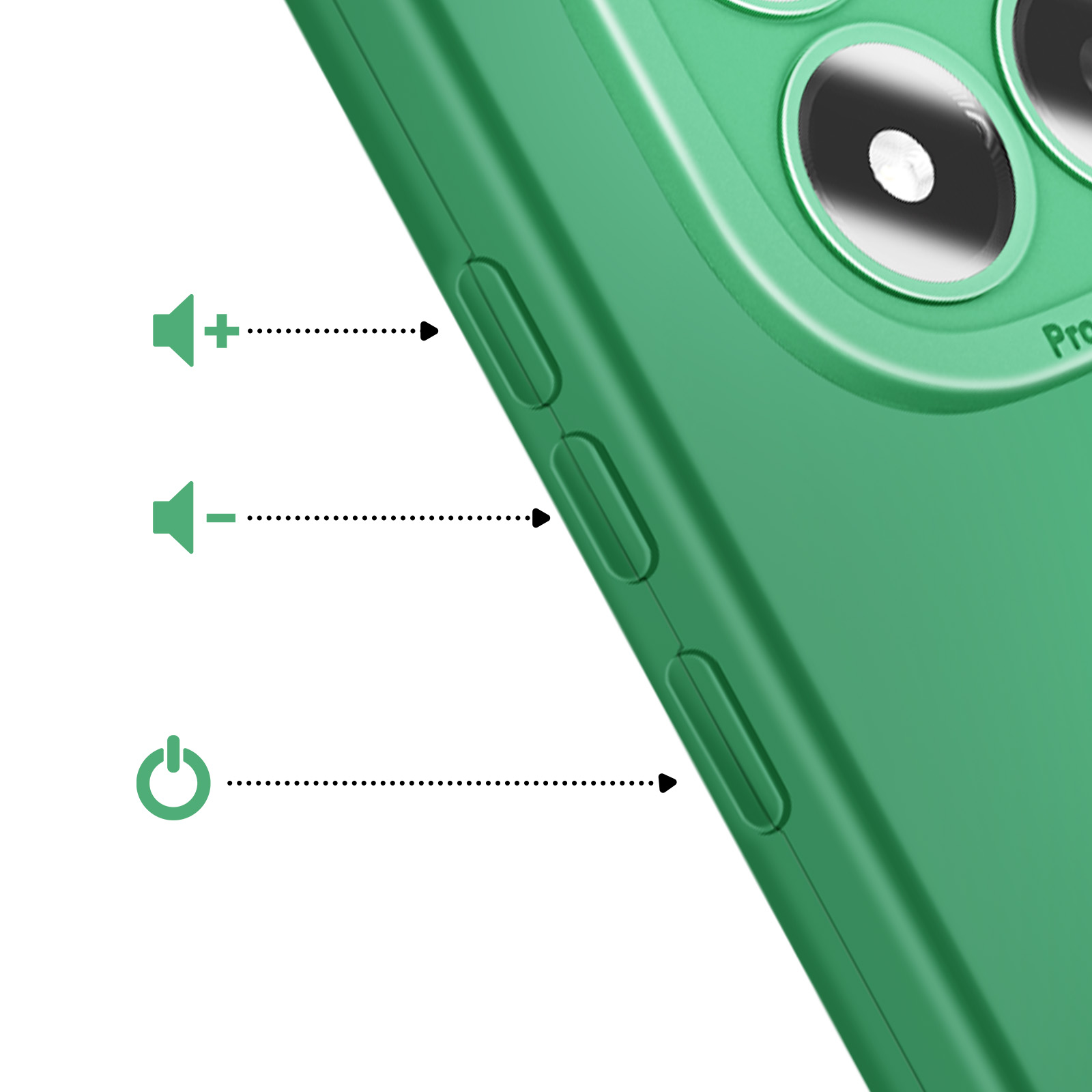 Téléphone vert avec boutons volume, alimentation et caméras.