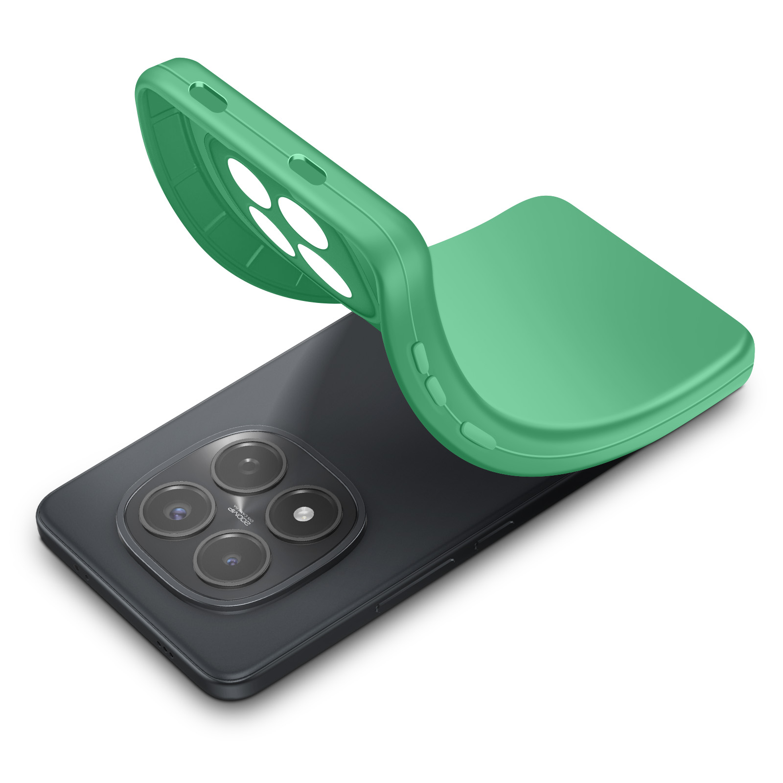 Un étui de téléphone vert est placé sur un smartphone noir à quatre caméras.