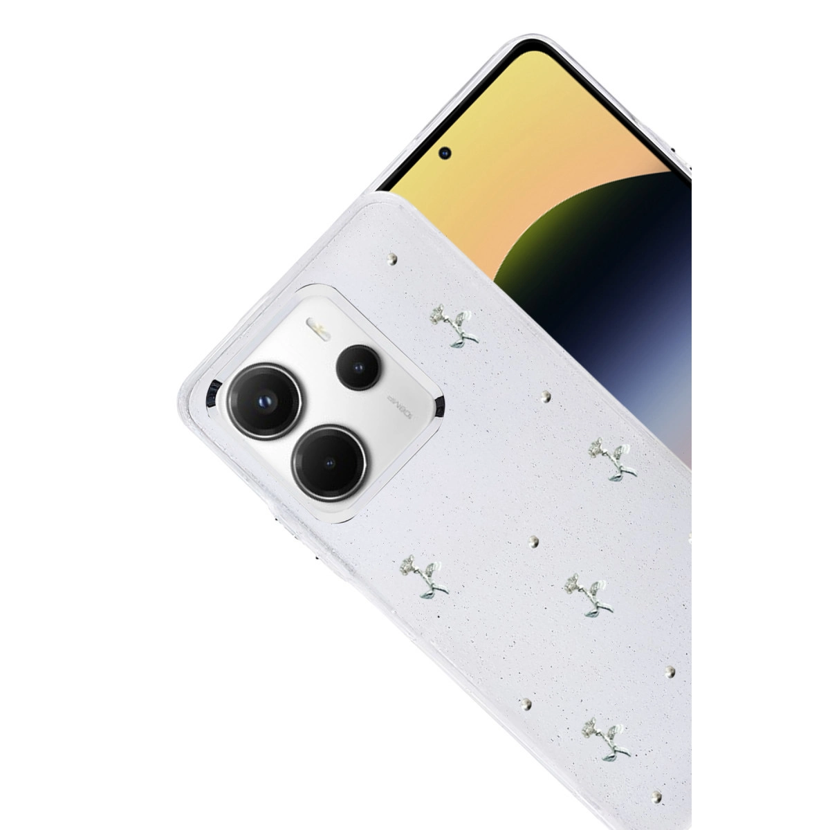 Çiçek desenli beyaz telefon kılıfı, arka kamera mevcut.