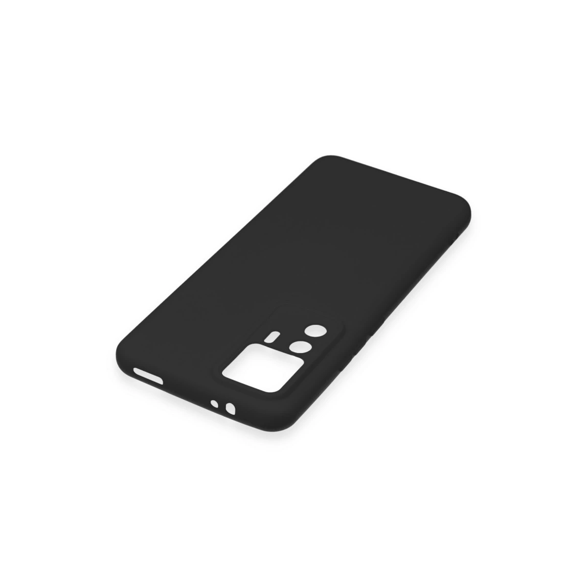 Beyaz arka plan üzerinde kamera ve düğmeler için kesikleri olan siyah telefon kılıfı.