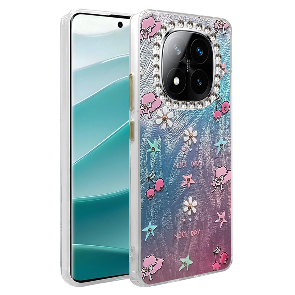 Pembe fiyonklar, kirazlar, yıldızlar ve çiçeklerle süslenmiş şeffaf telefon kılıfı.
