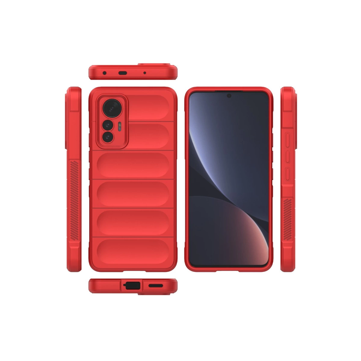 Kapitone desenli kırmızı telefon kılıfı, çeşitli açılardan gösterilmiştir.