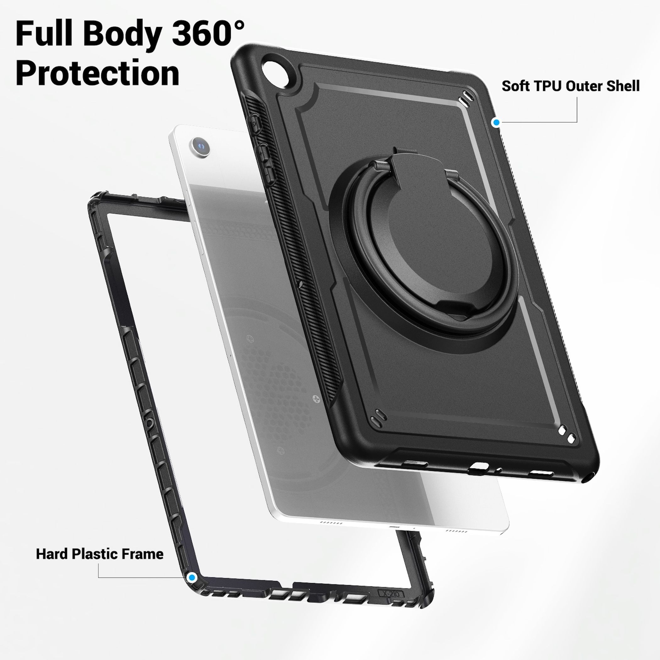 Vista esplosa di una custodia nera per tablet con anello e telaio in plastica dura.