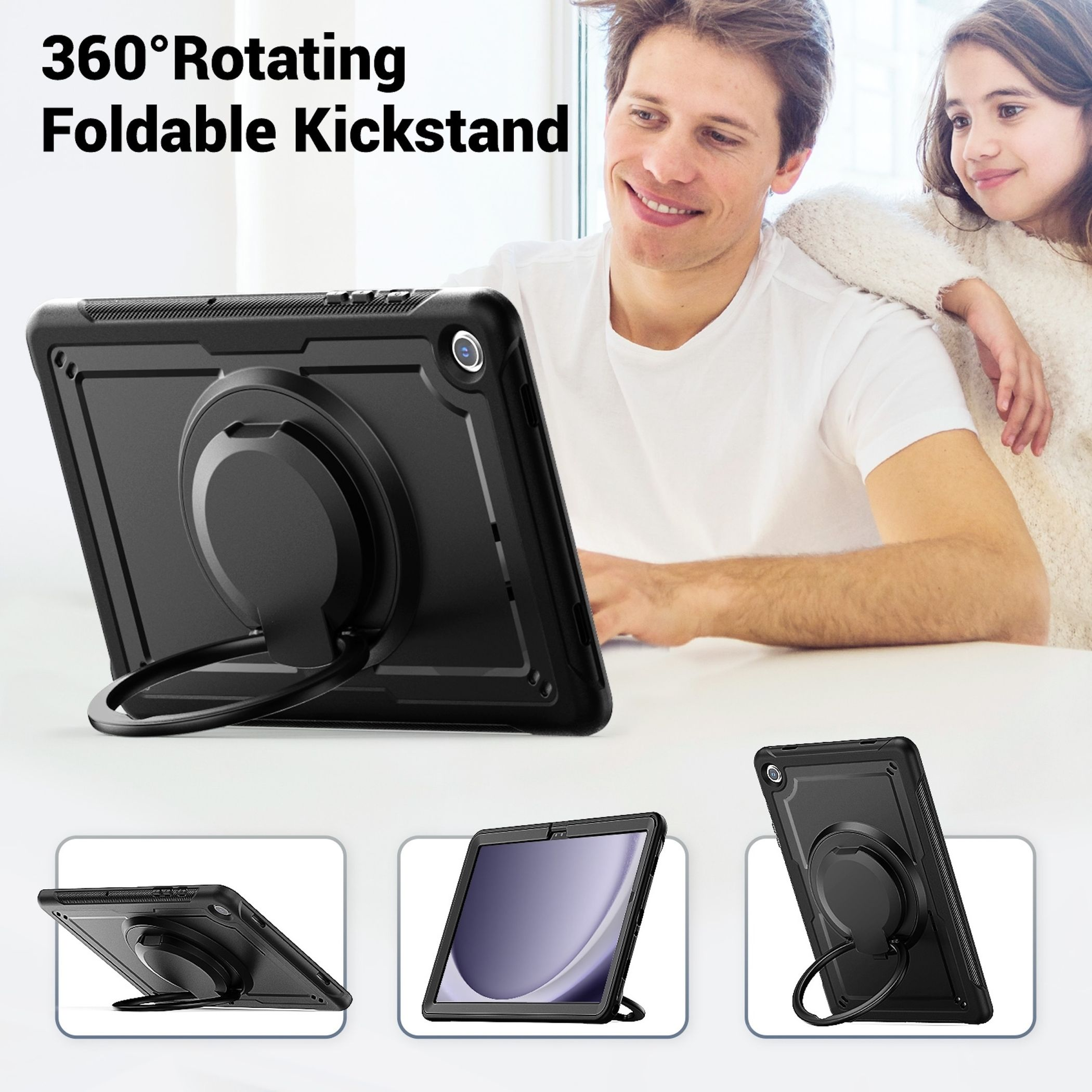 Custodia nera per tablet con cavalletto girevole a 360° e maniglia.