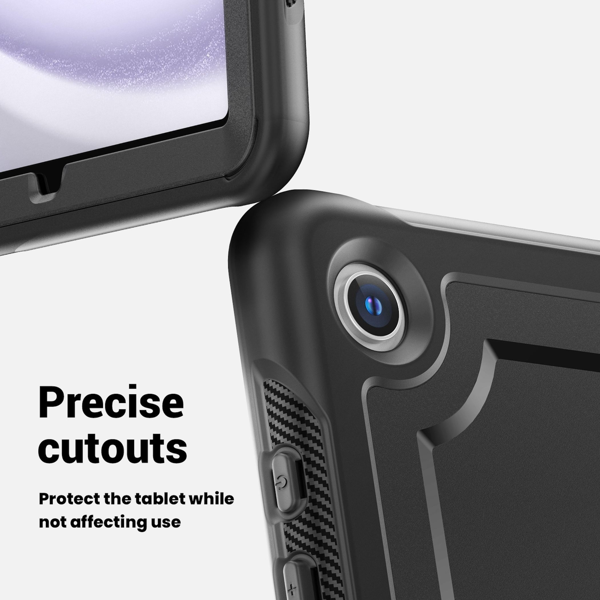 Custodia nera per tablet con ritagli precisi per fotocamera e pulsanti.