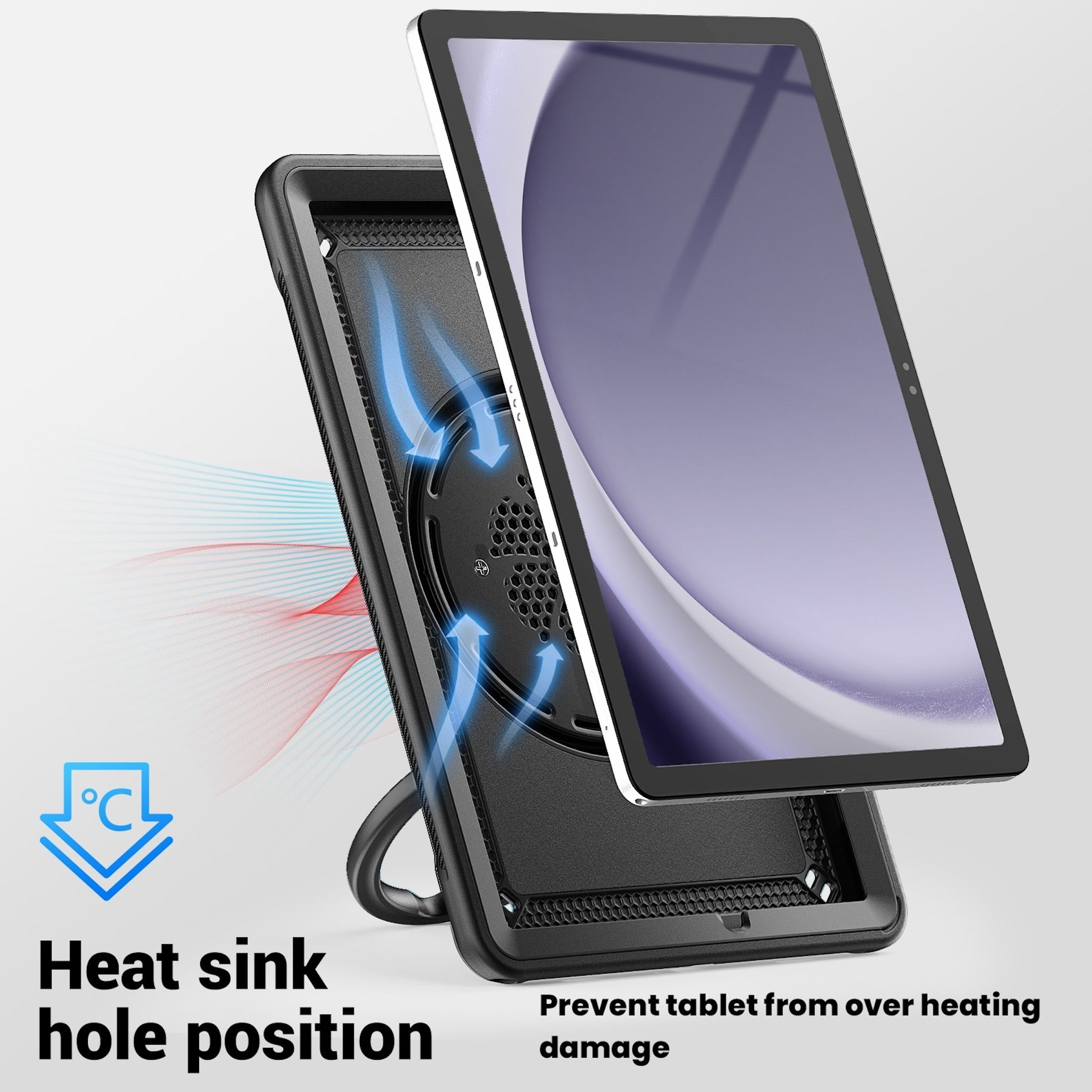 Custodia per tablet con fori di dissipazione del calore e supporto.